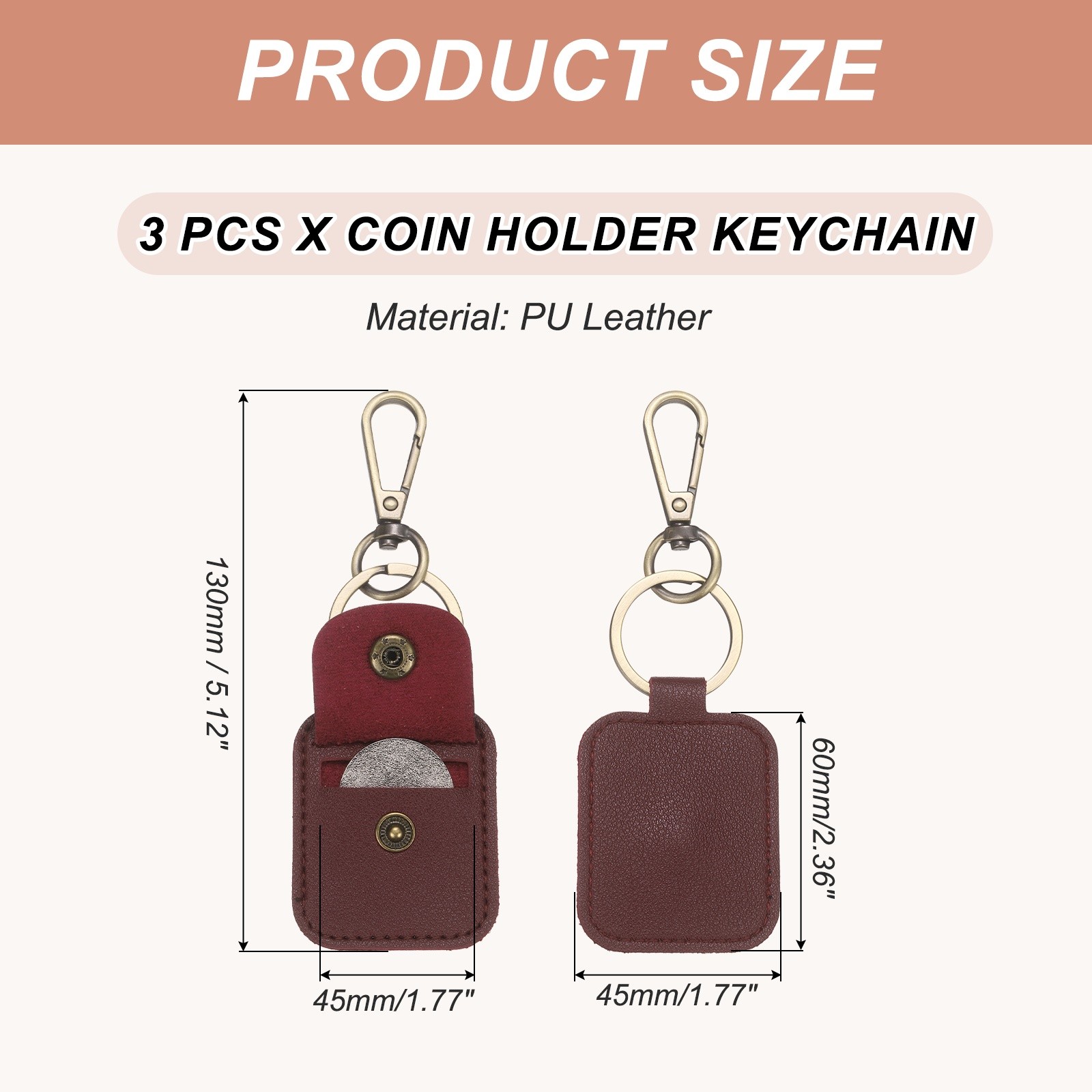 3 Pack Quarter Leather Keychain, PU Leather Key Ring Coin Case, Wine Red