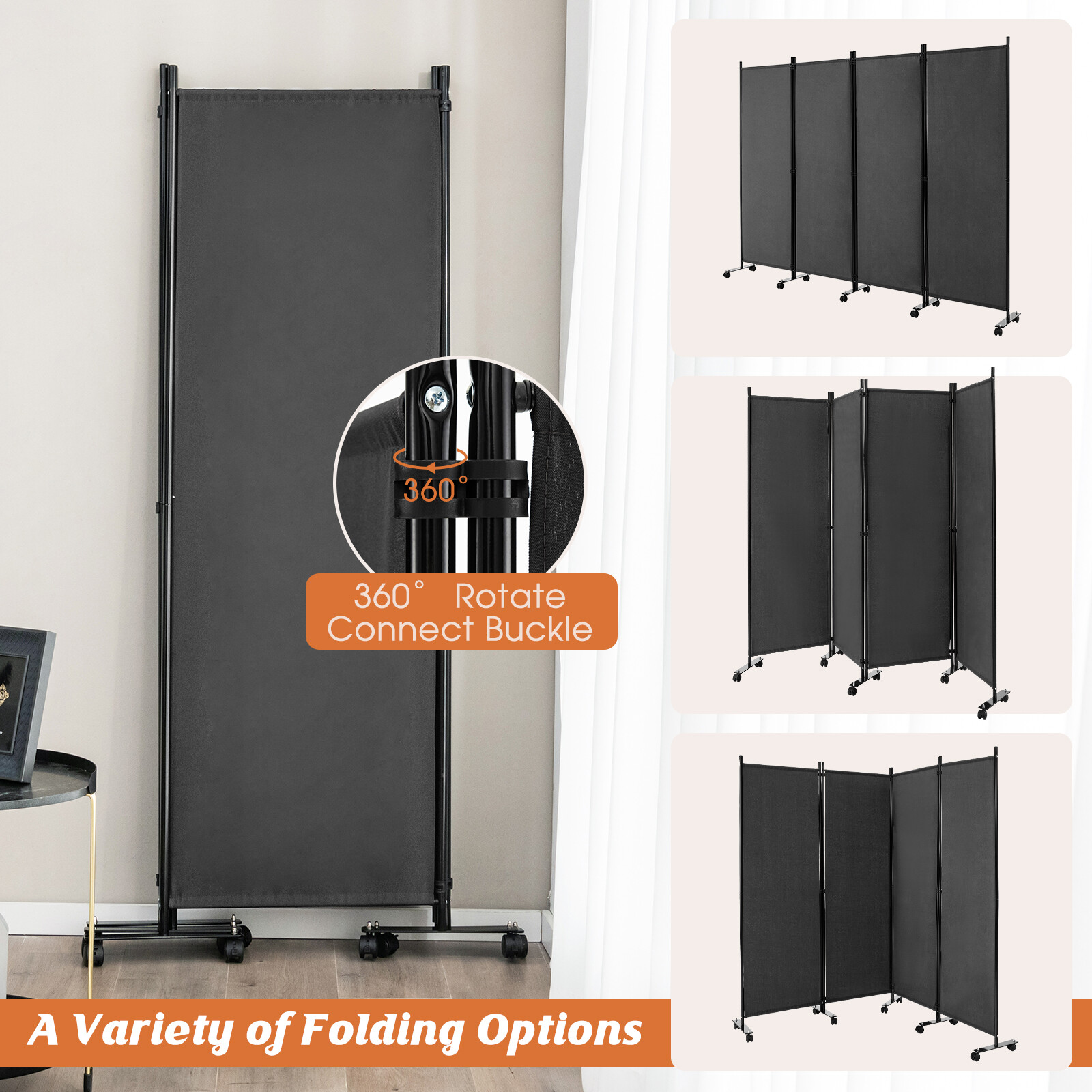 4-Panel Folding Room Divider 6FT Rolling Privacy Screen w/ Lockable Wheels Grey