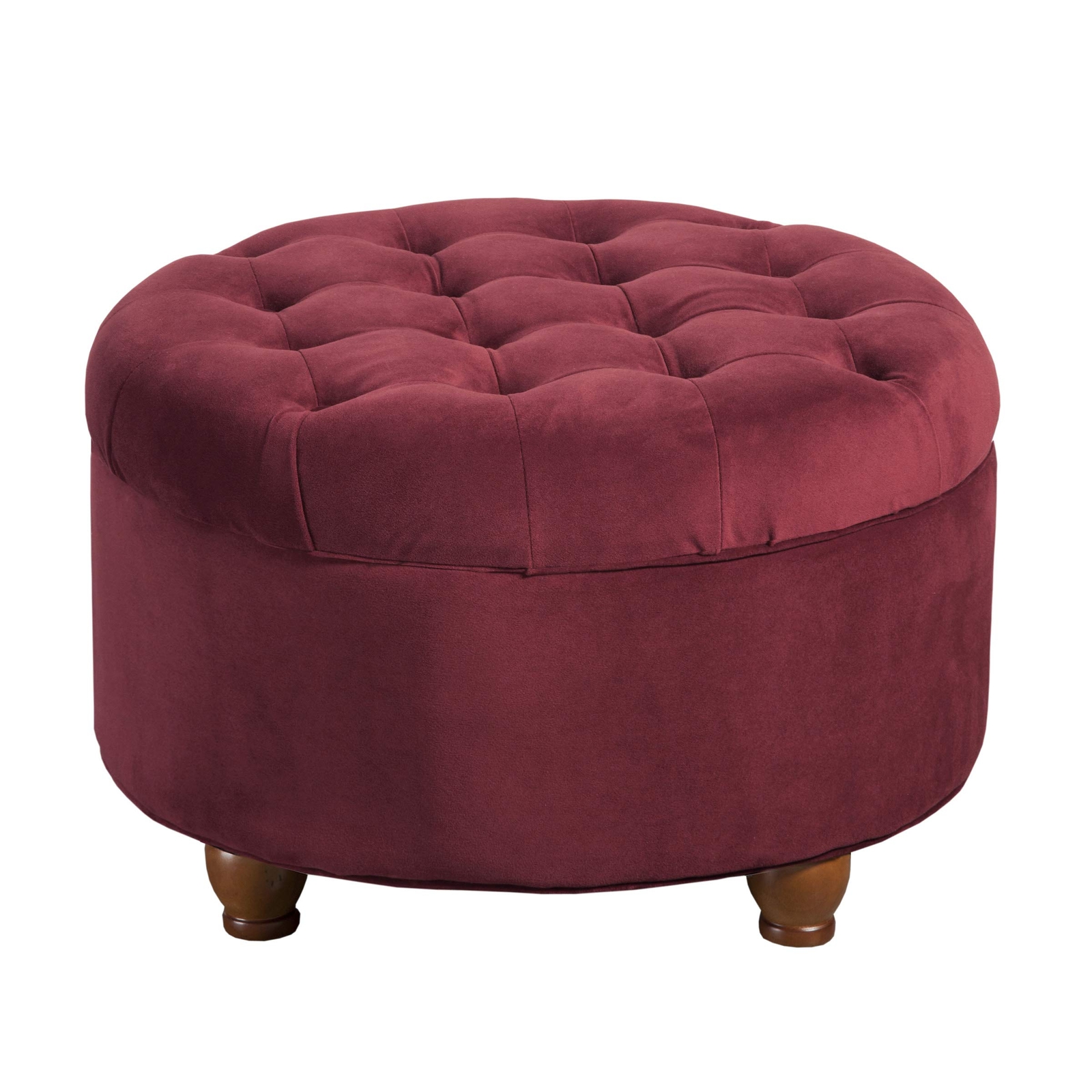 Berry Velvet Round Storage Ottoman with Tufting and Wood Legs 25x25 inches