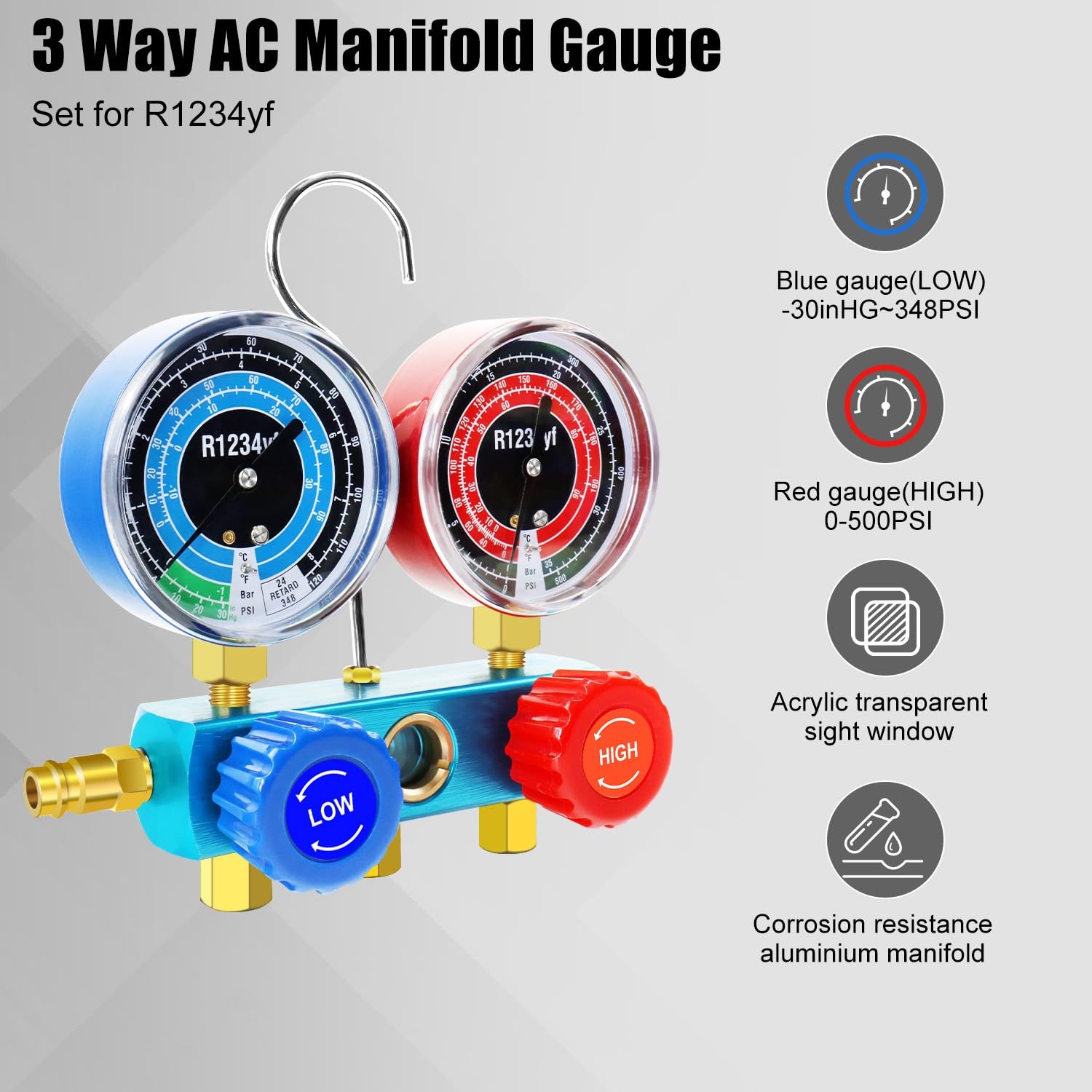AC R1234yf Manifold Gauge Set, 3 Way Car Conditioning 1234yf Refrigerant Rech...