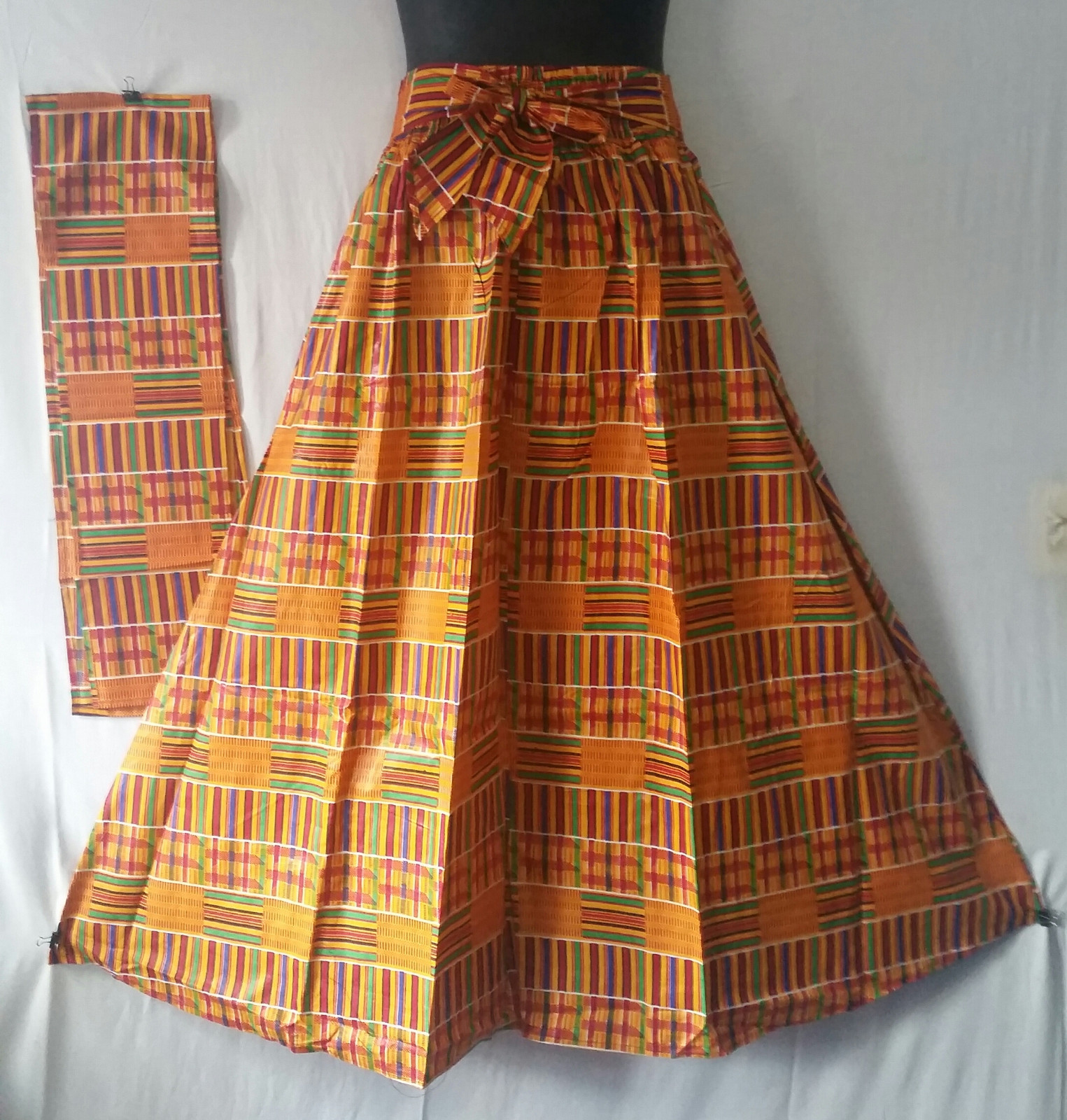Women Kente Ankara Maxi Long Skirt Elastic Waist 2 Pockets scarf belt  Free Size