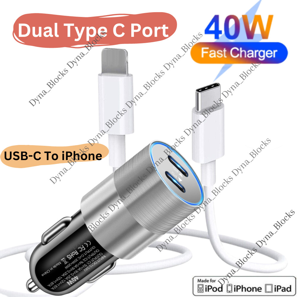 Dual Type C PD Fast 40W Car Charger Adapter Cable For iPhone 14 13 12 11 Pro Max
