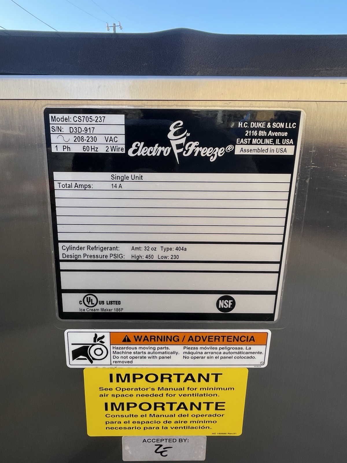 Electro Freeze CS705 Flavor Injected Shake Freezer Tested Slightly Used