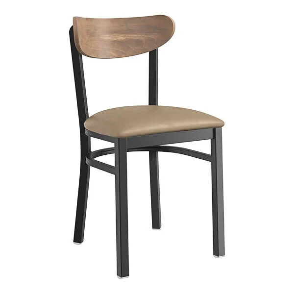 Boomerang Back Metal Dining Chairs with Taupe Vinyl Seat and Vintage Wood Back