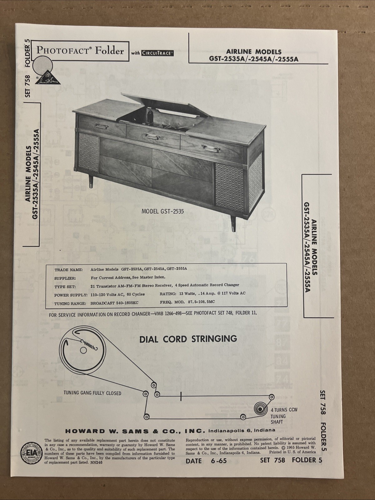 Vintage Sams Photofact Schematic 6-1965 AIRLINE MODELS GST-2535A/-2545A/-2555A