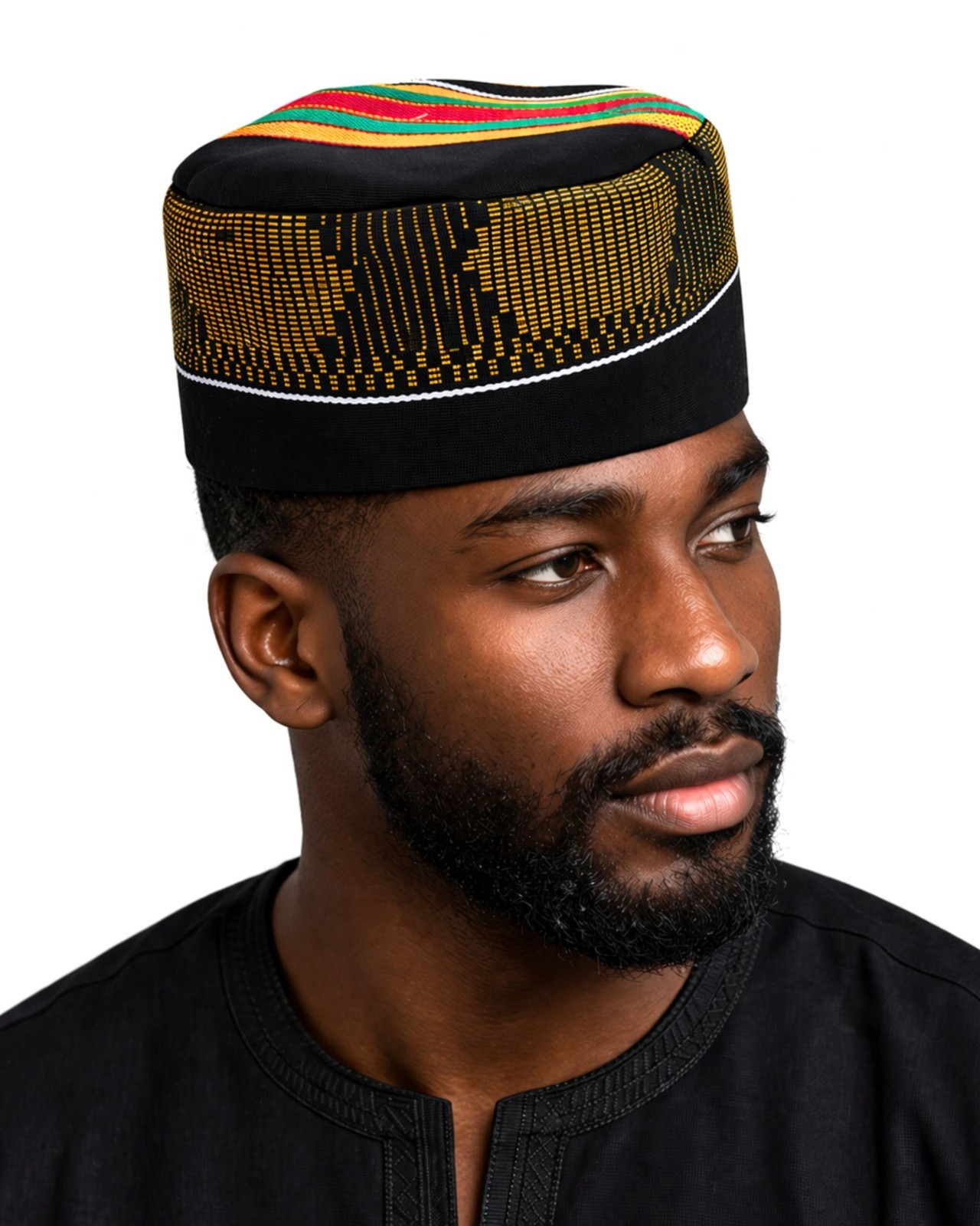 Kente Kufi Hat Style #4, Traditional Men's Cap with Elastic Back