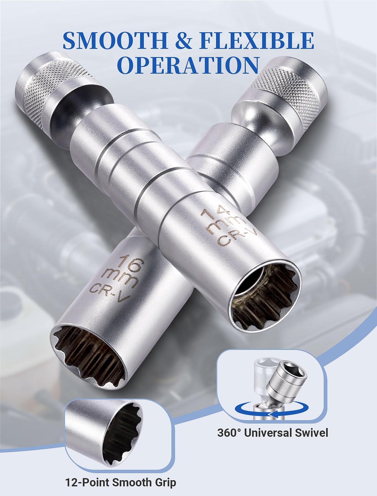 14mm & 16mm Magnetic Swivel Spark Plug Socket Set, 3/8" Drive Thin Wall 12 Po...