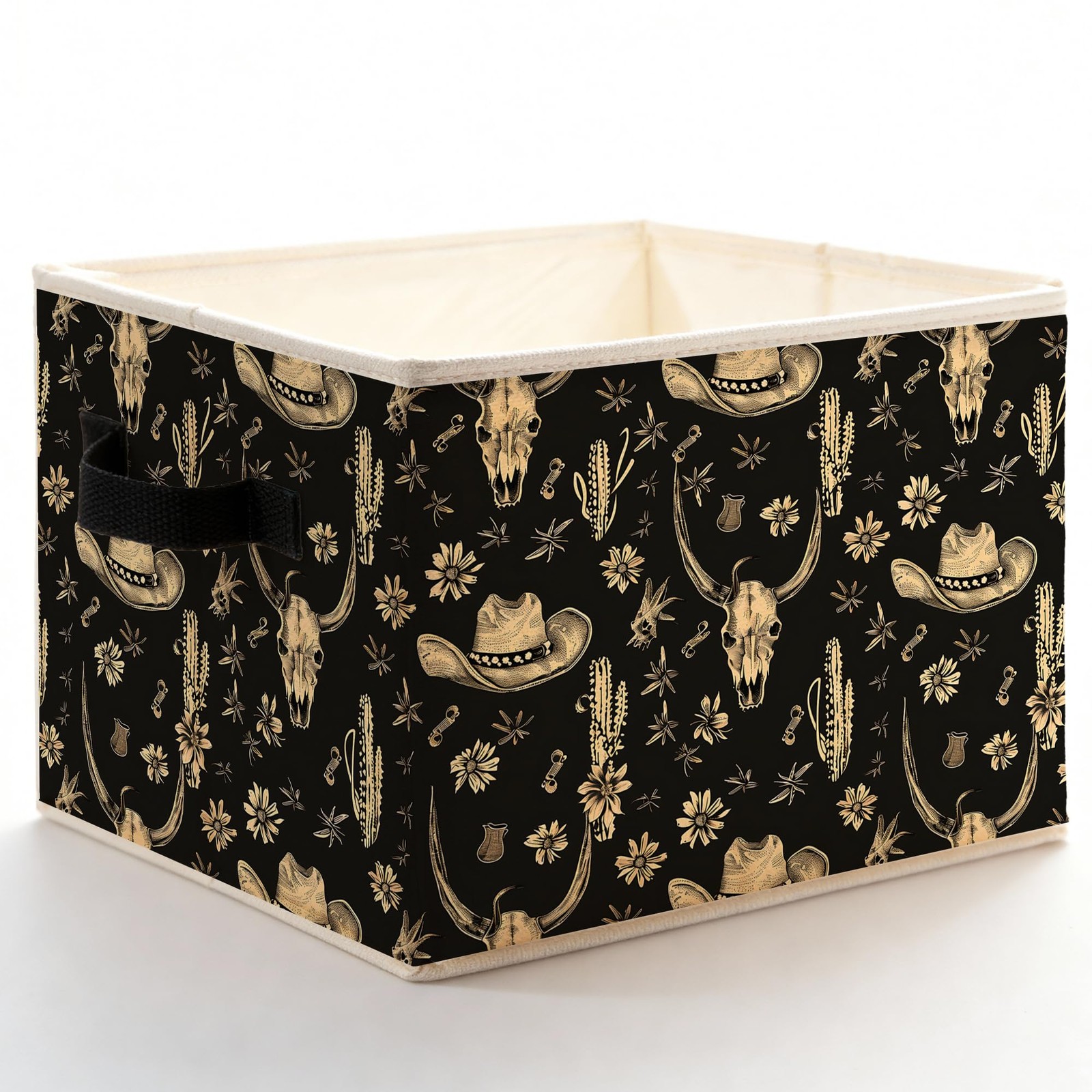 Boho Black and Beige Western Storage Bins with Handles, Rustic Cowboy Hat Cow...