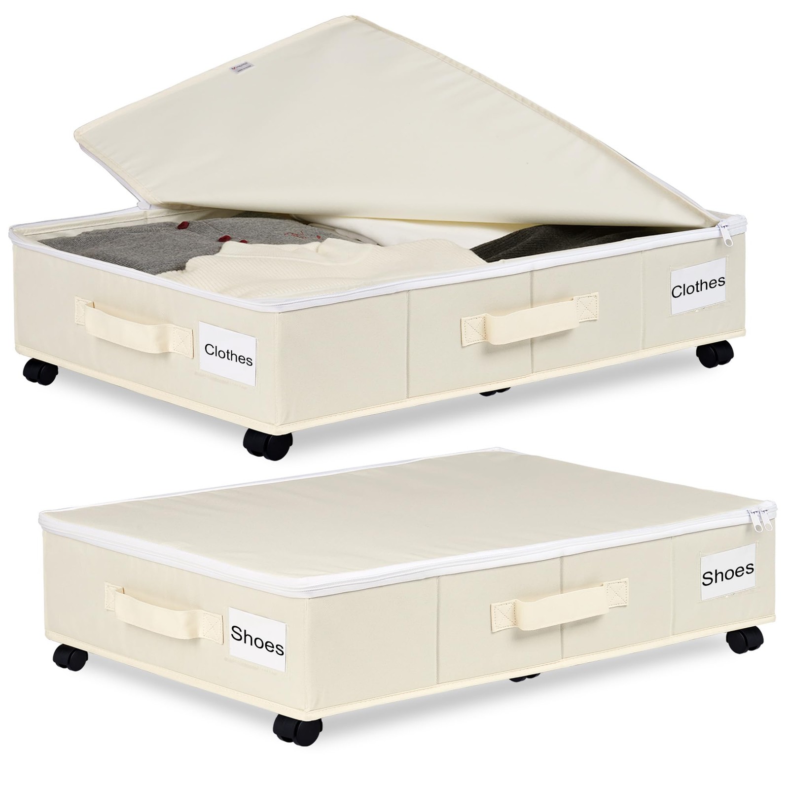 Underbed Organizer With Wheels, 2 Pack Storage Bins For Blankets, Beige