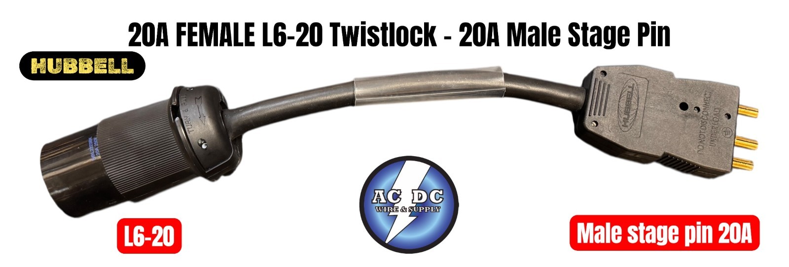 20A Female L6-20 Twist to 20A Male Stage Pin Hubbell So 12/3