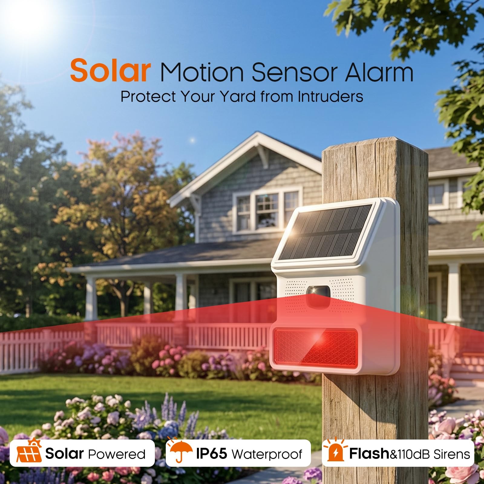 Hapippofa Solar Motion Sensor Alarm, 120dB Outdoor Waterproof Strobe White-01