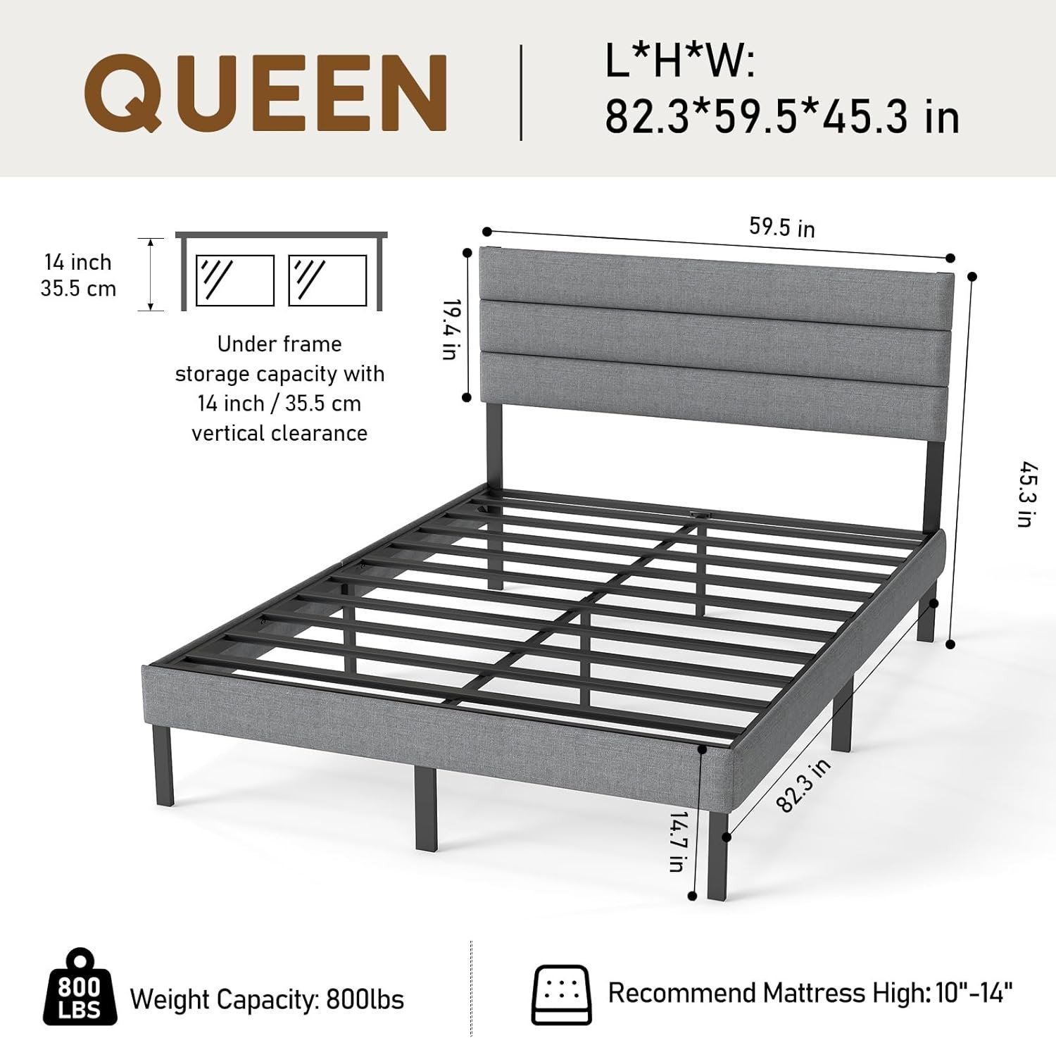 Queen Size Upholstered Bed Frame with Headboard Metal Platform Bed Frame Queen