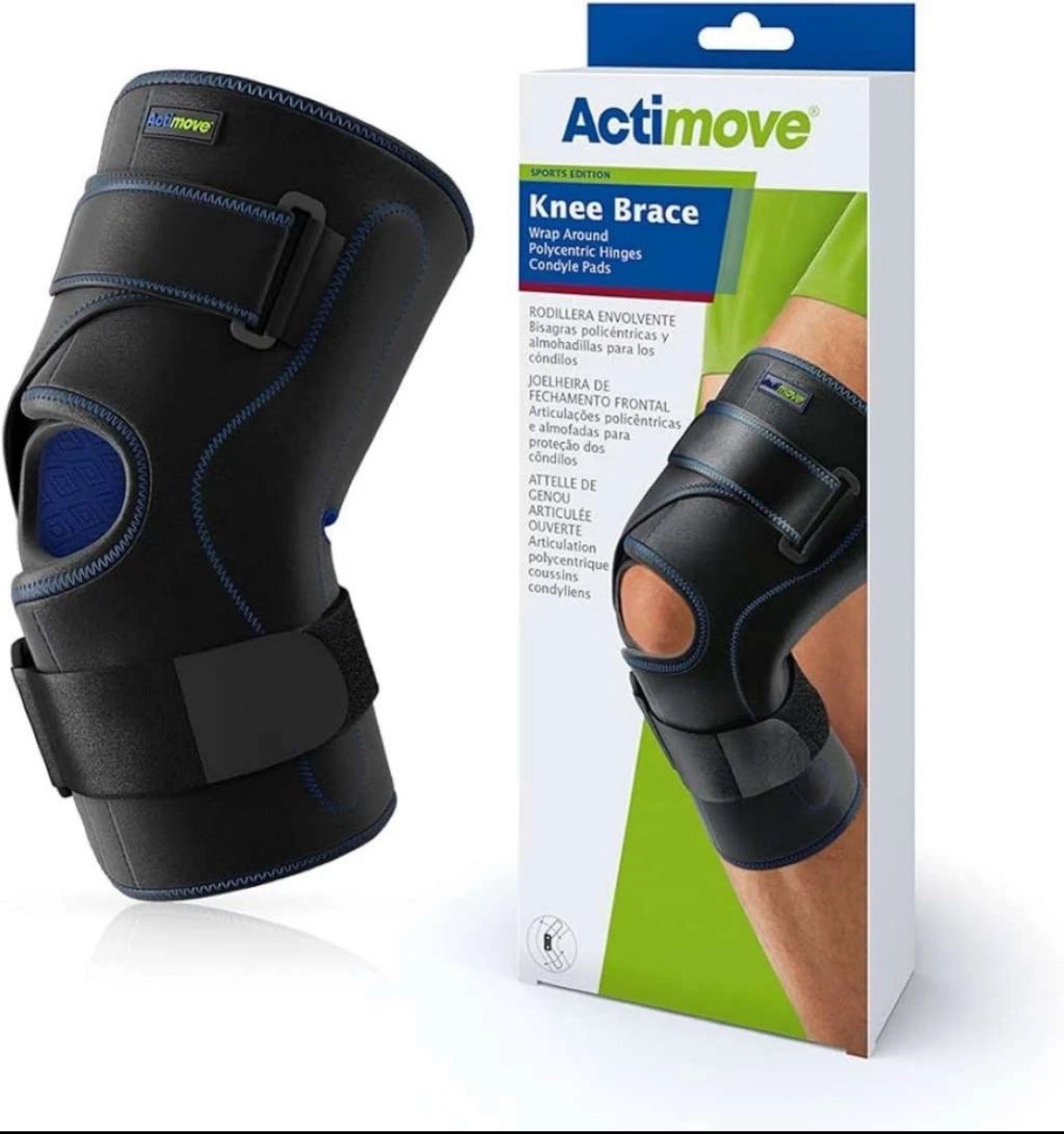 Actimove Knee Brace Wrap Around, Polycentric Hinges, Condyle Pads Black (S,M, L)