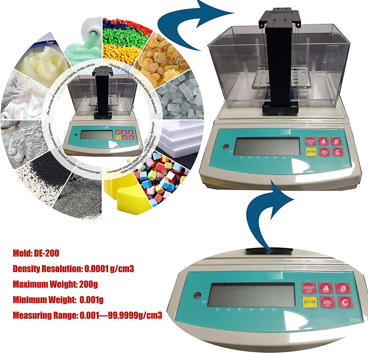 Solid Plastic Rubber Density Meter Gauge Densitometer 0.001~200g RS232 Interface