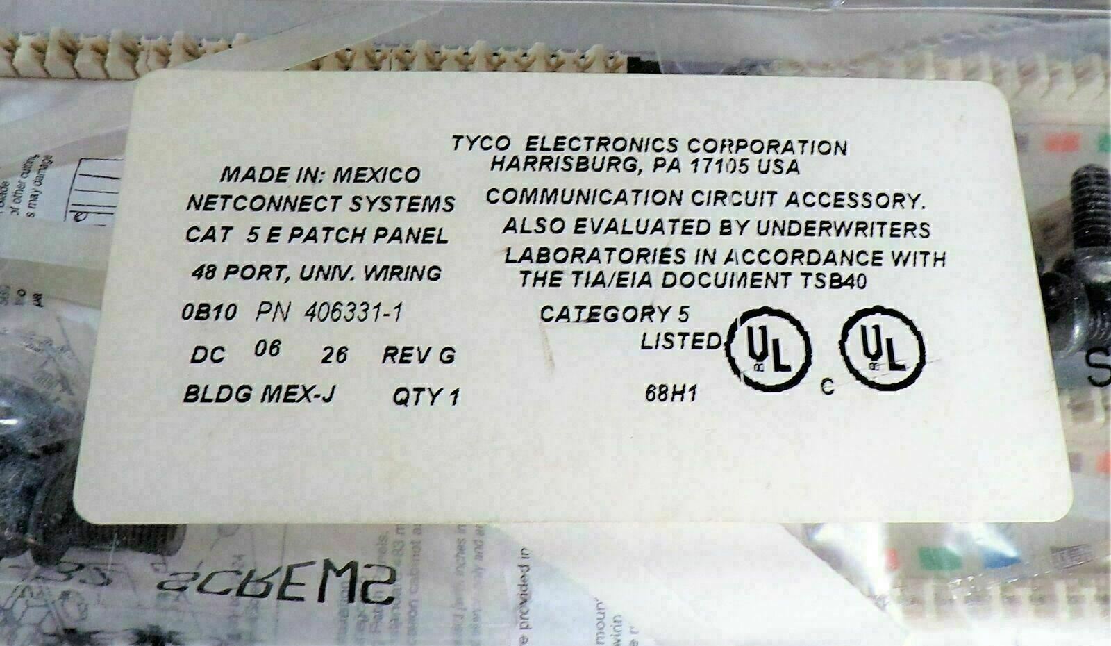AMP NETCONNECT 406331-1 RJ45 Cat 5e 48-Port Patch Panel, 110Connect, Black, 2U