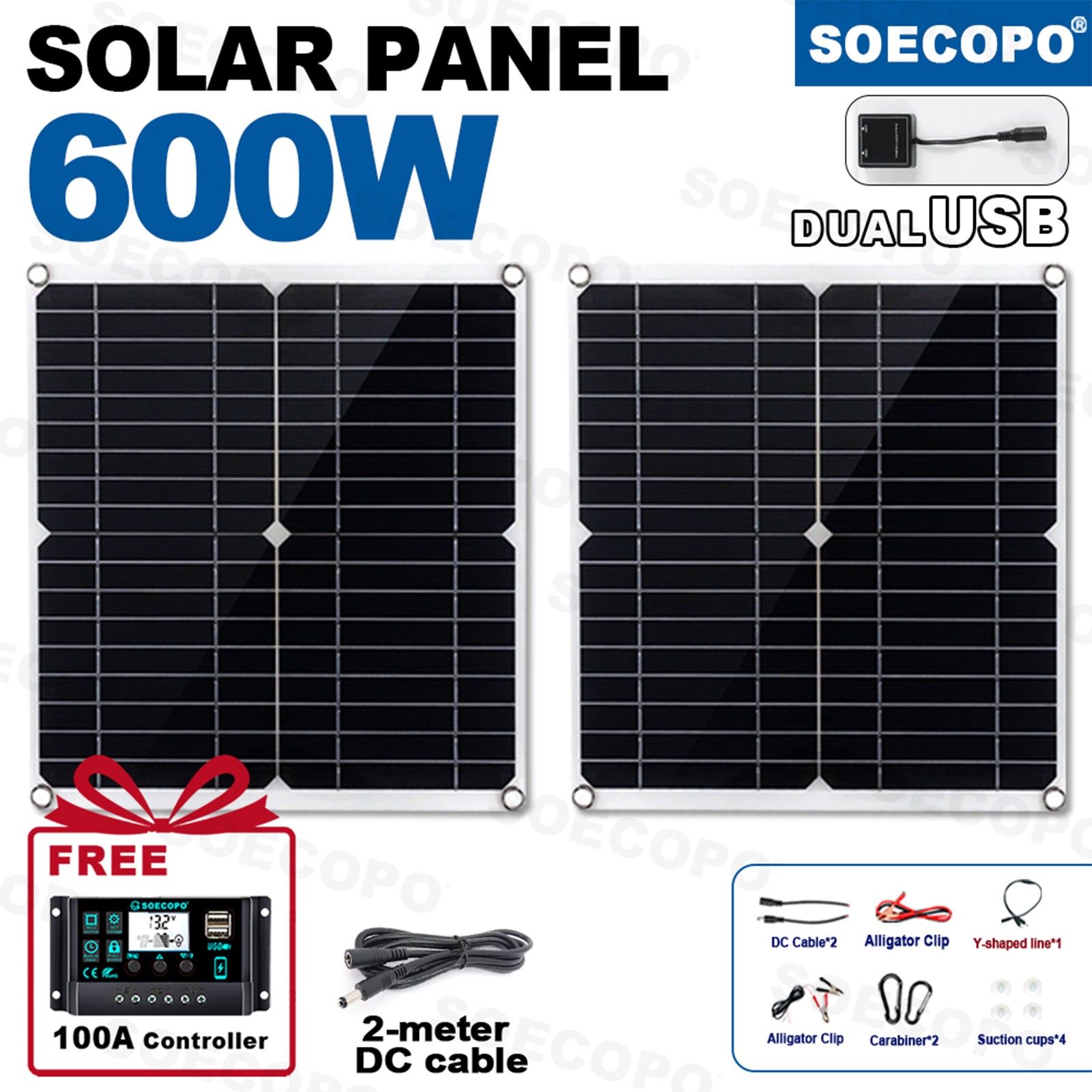 600W Dual Solar Panel Kit - 2 x300W Portable PV Panels for RV Camping