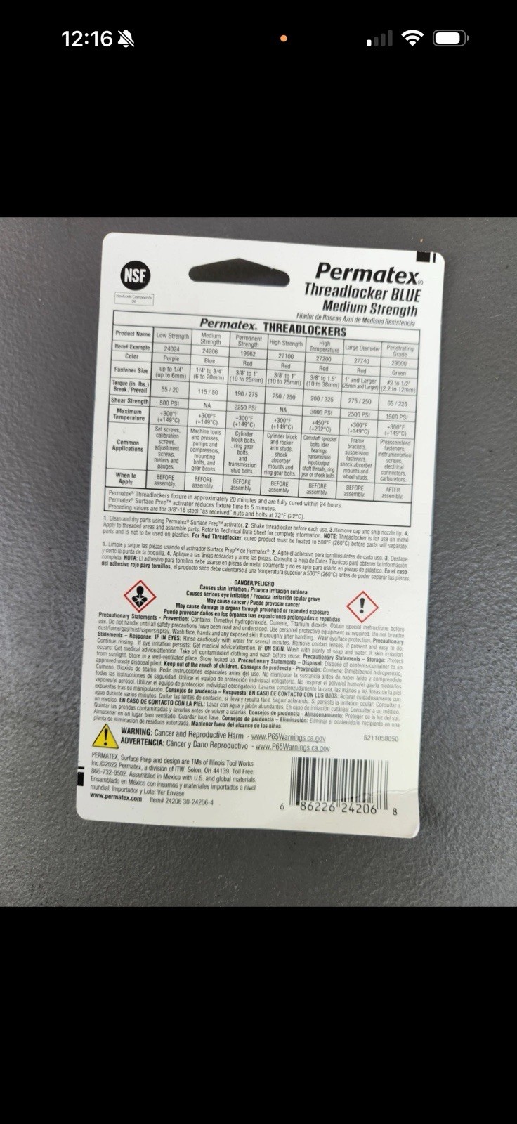 (6 Pk) Permatex Threadlocker Blue 24206, 2.5 ml