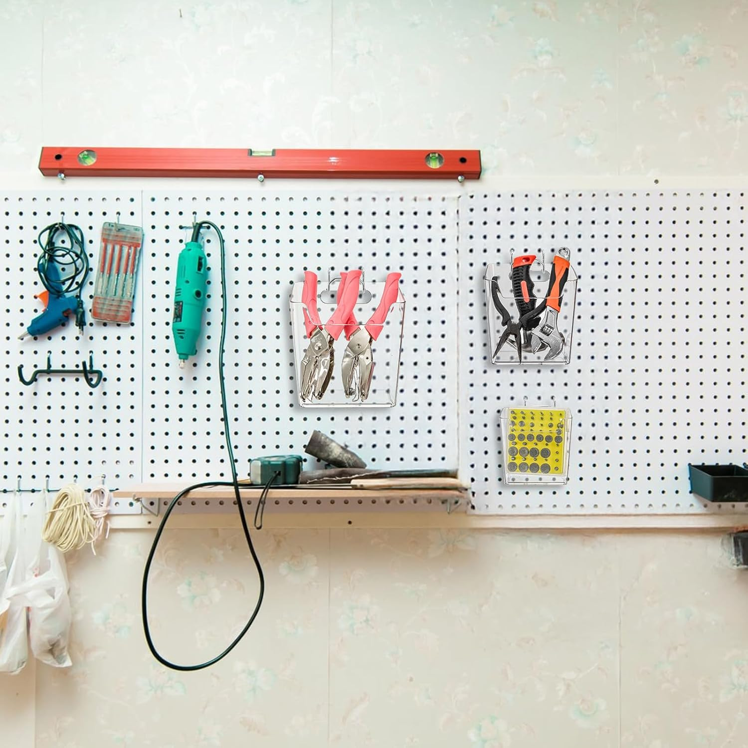 6 Pack Clear Pegboard Cups with Hooks Plastic Peg Board Bins Pegboard Organizer