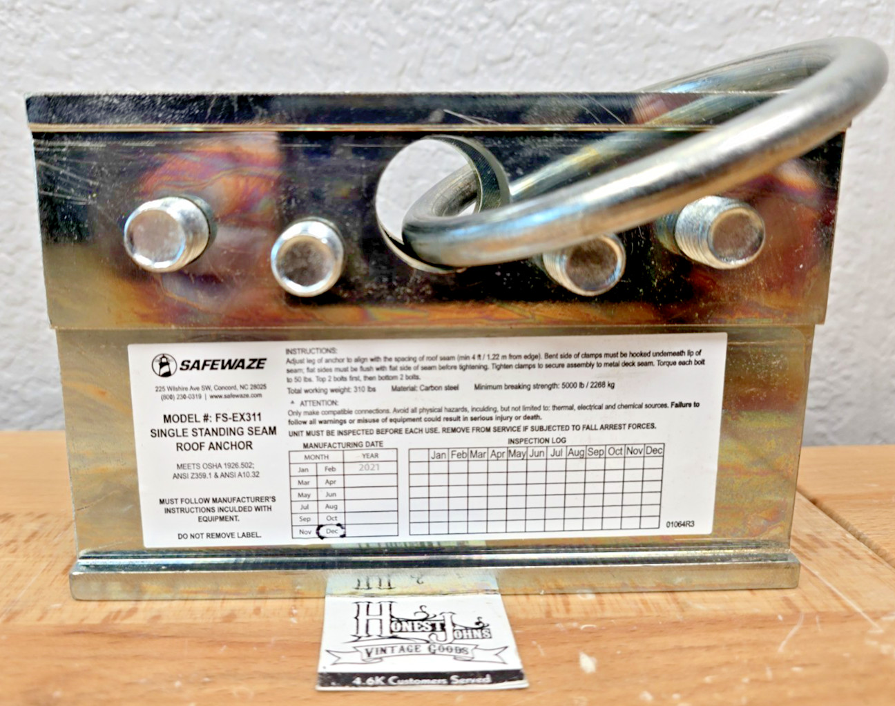 SAFEWAZE FS-EX311 Standing Seam Roof Anchor, New Open Box