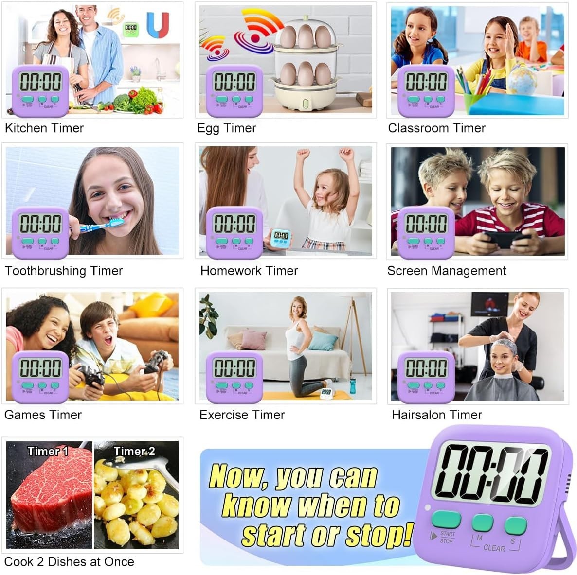 Digital Timer for Kids Kitchen Classroom Study Exercise Two Pack Purple