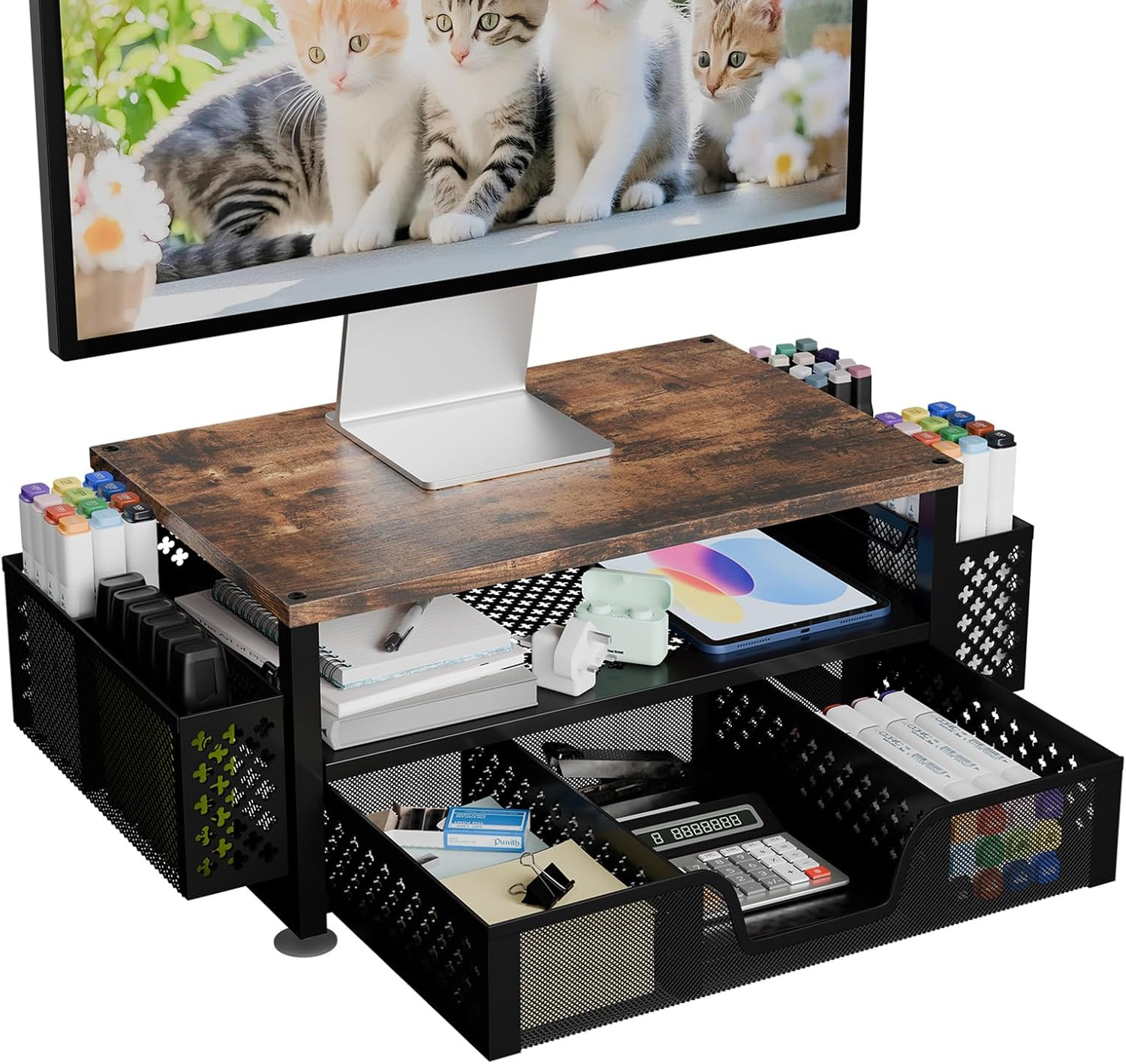 Desk Organizers and Accessories, 2 Tier Monitor Stand Riser with Drawer and 2 Pe
