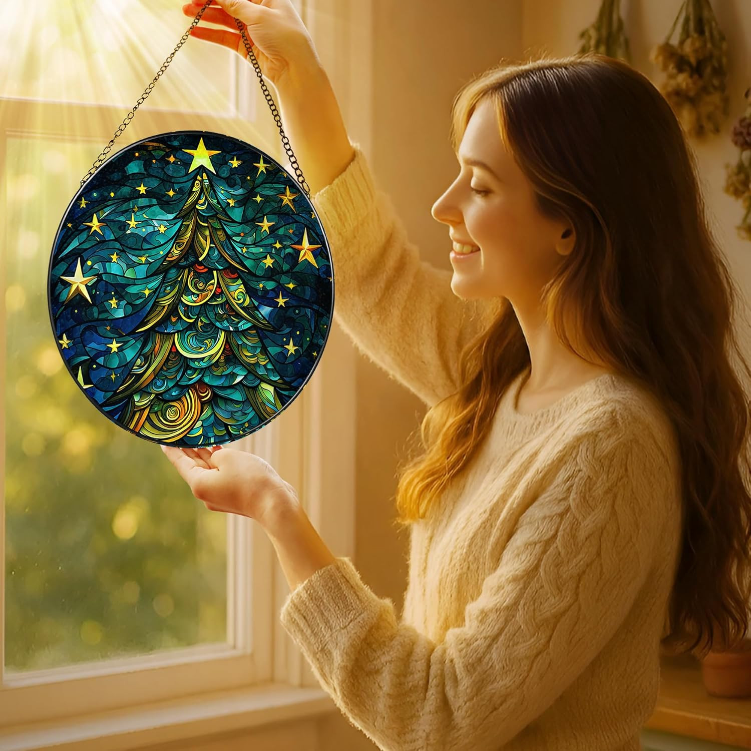 8-Inch Christmas Tree Suncatcher Ornament, Stained Glass Window Hanging & Staine