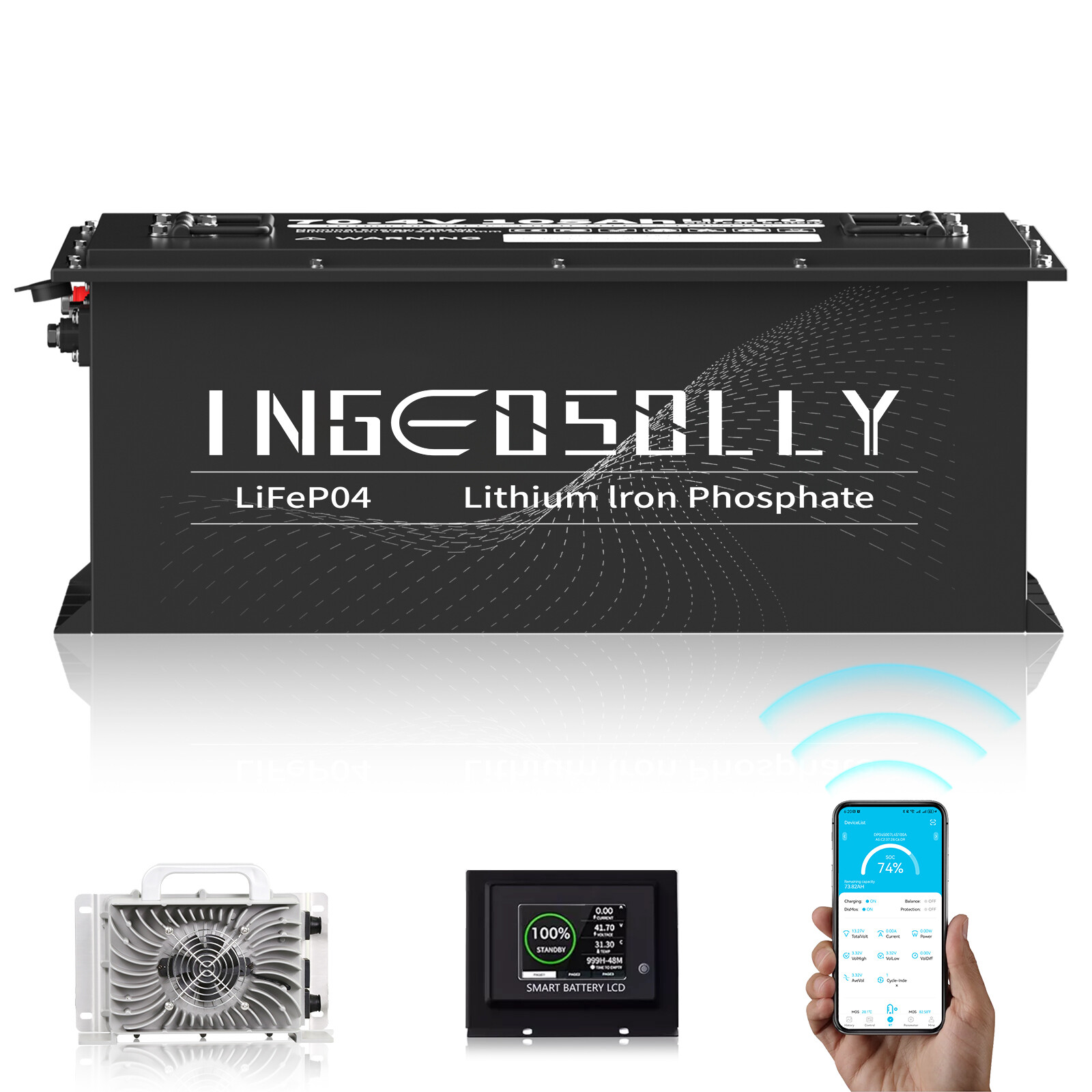 72V 105Ah Golf Cart LiFePO4 Lithium BT Battery 200A BMS+Monitor+80.3V18A Charger