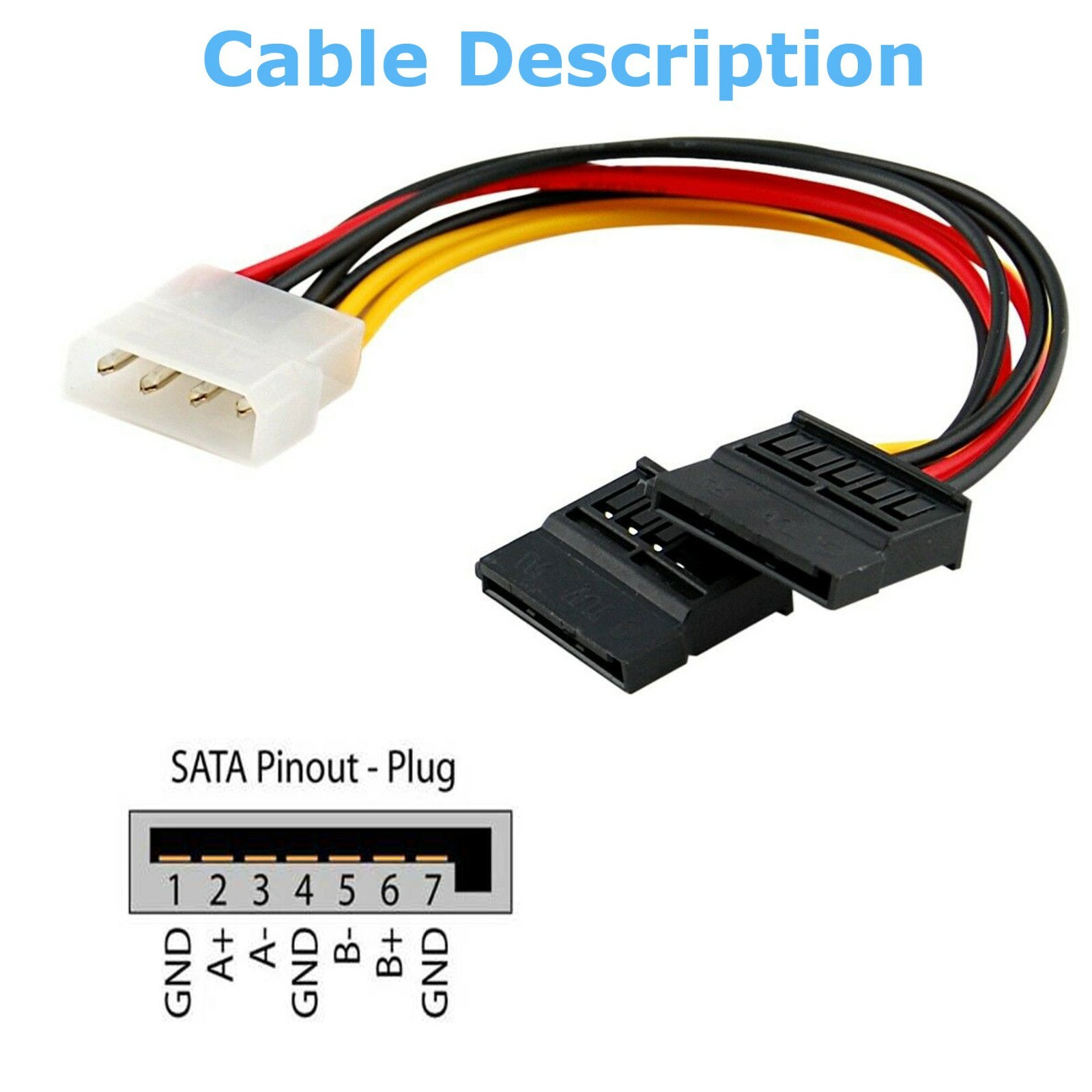 Molex to SATA Power Cable Splitter Adapter Extension 8" 20cm