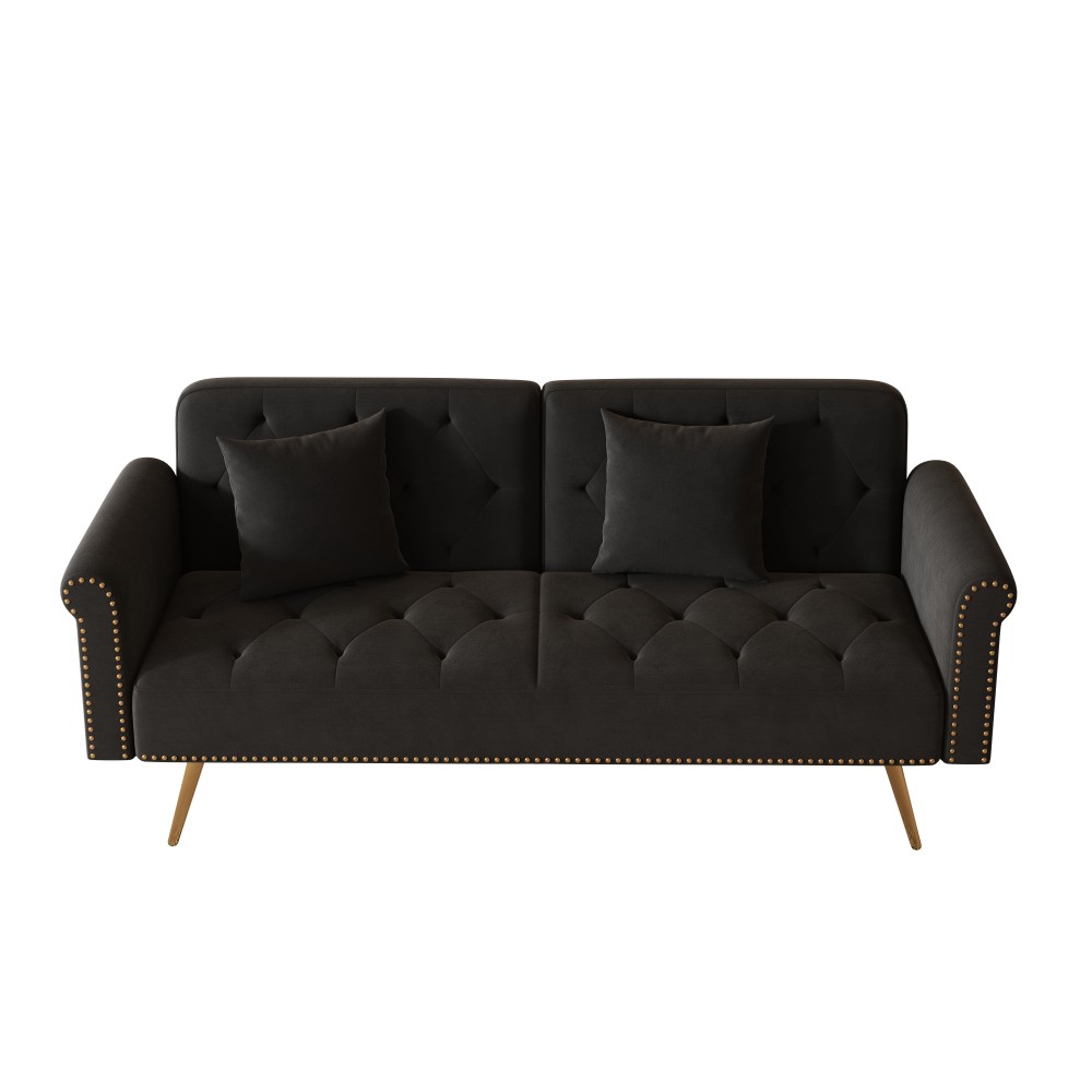 69.7" Black Velvet Sofa Bed - Nail Head Trim + Matching Throw Pillow