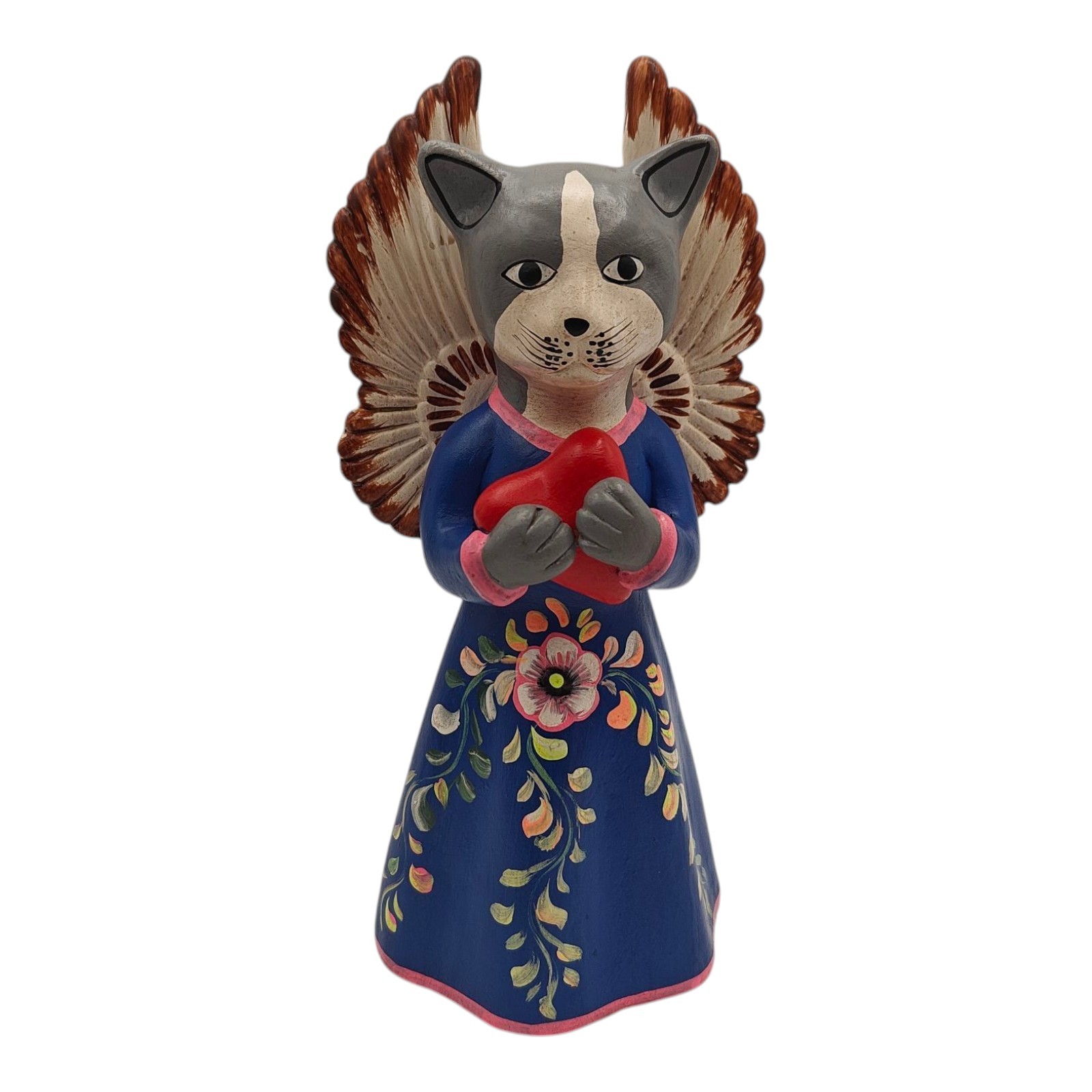 Peru Folk Art Cat Angel In Floral Dress Figurine Terracotta Clay Hand Painted