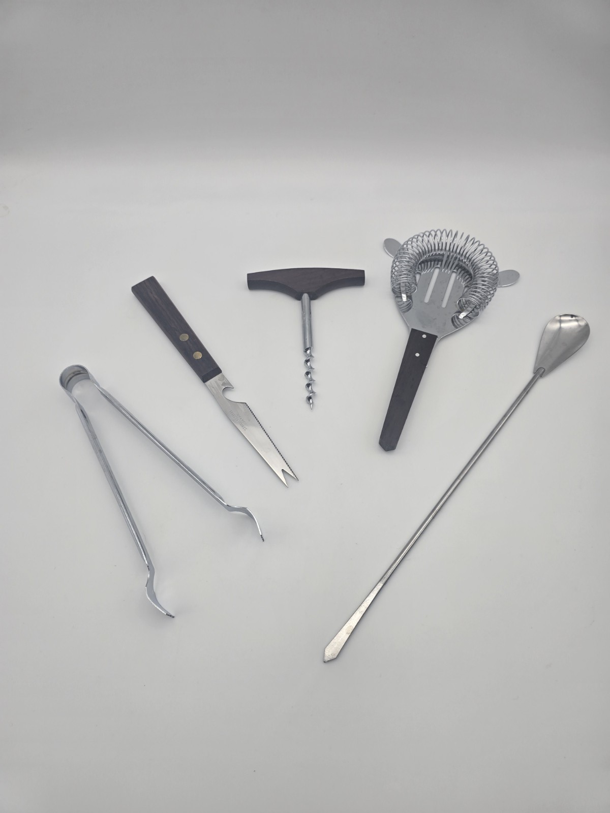 VINTAGE 5 PIECE JAPAN BAR SET, WOOD Handle AND STAINLESS STEEL
