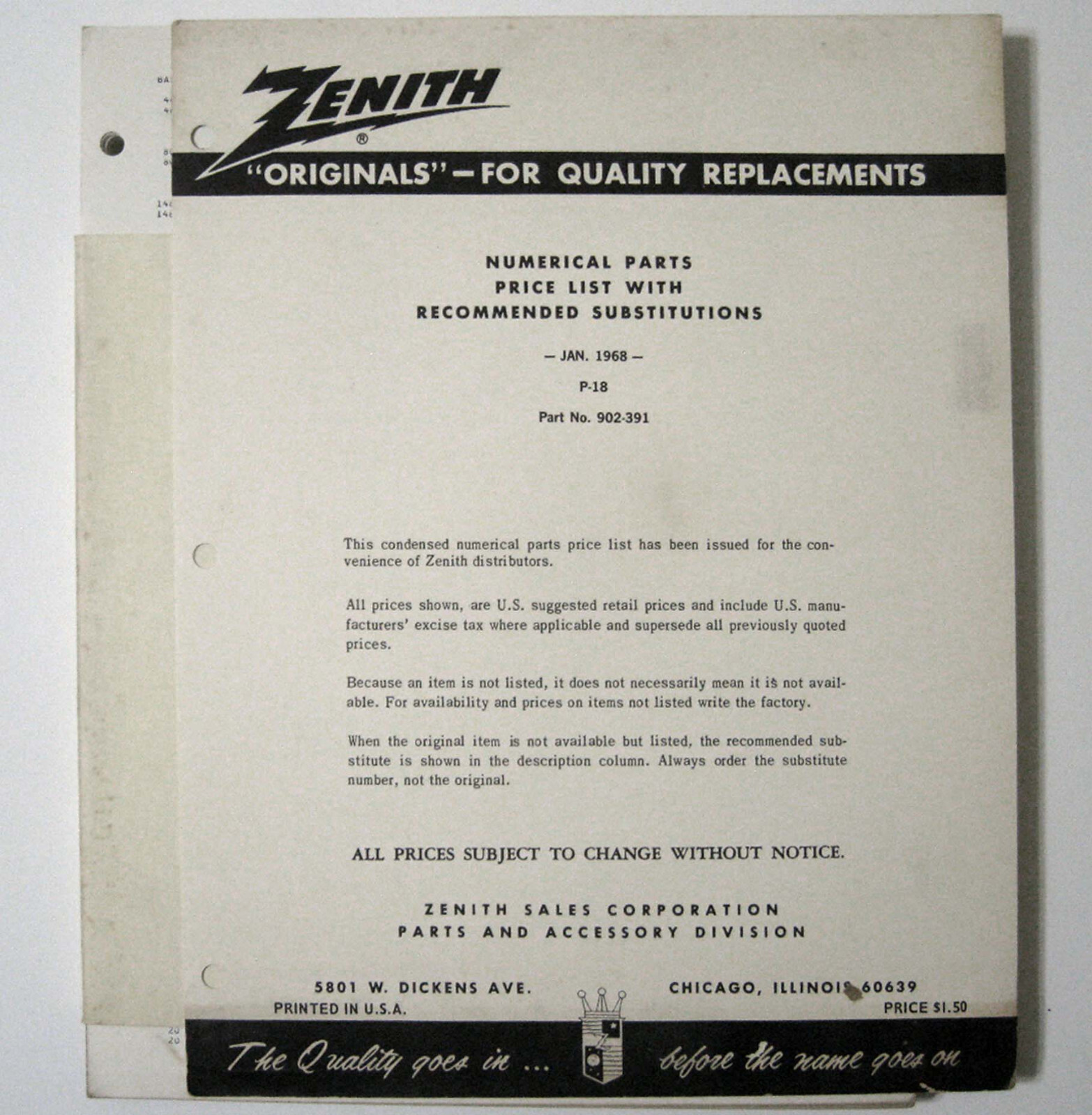 ZENITH ® Numerical PARTS PRICE LIST With Recommended Substitutions © 1968 - New