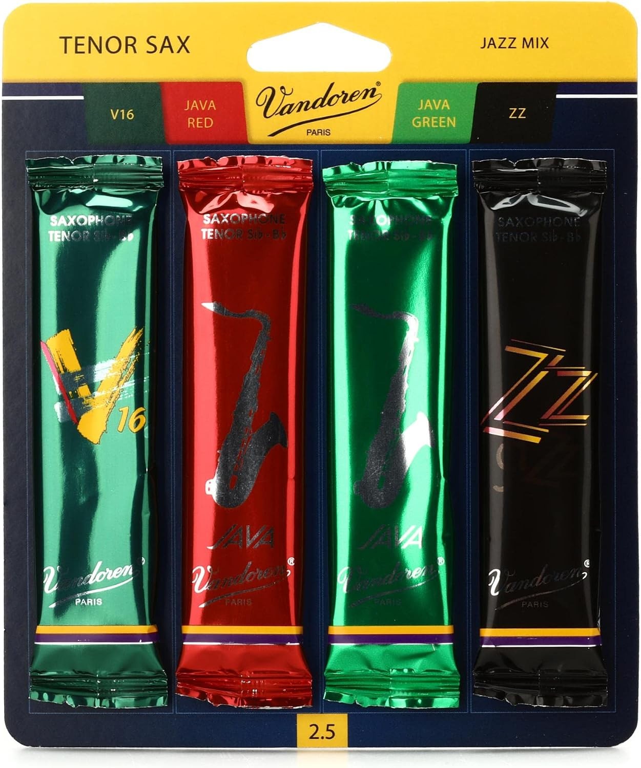 Vandoren SRMIXT25 Tenor Sax Jazz Reed Mix Card includes 1 each ZZ, V16, JAVA and