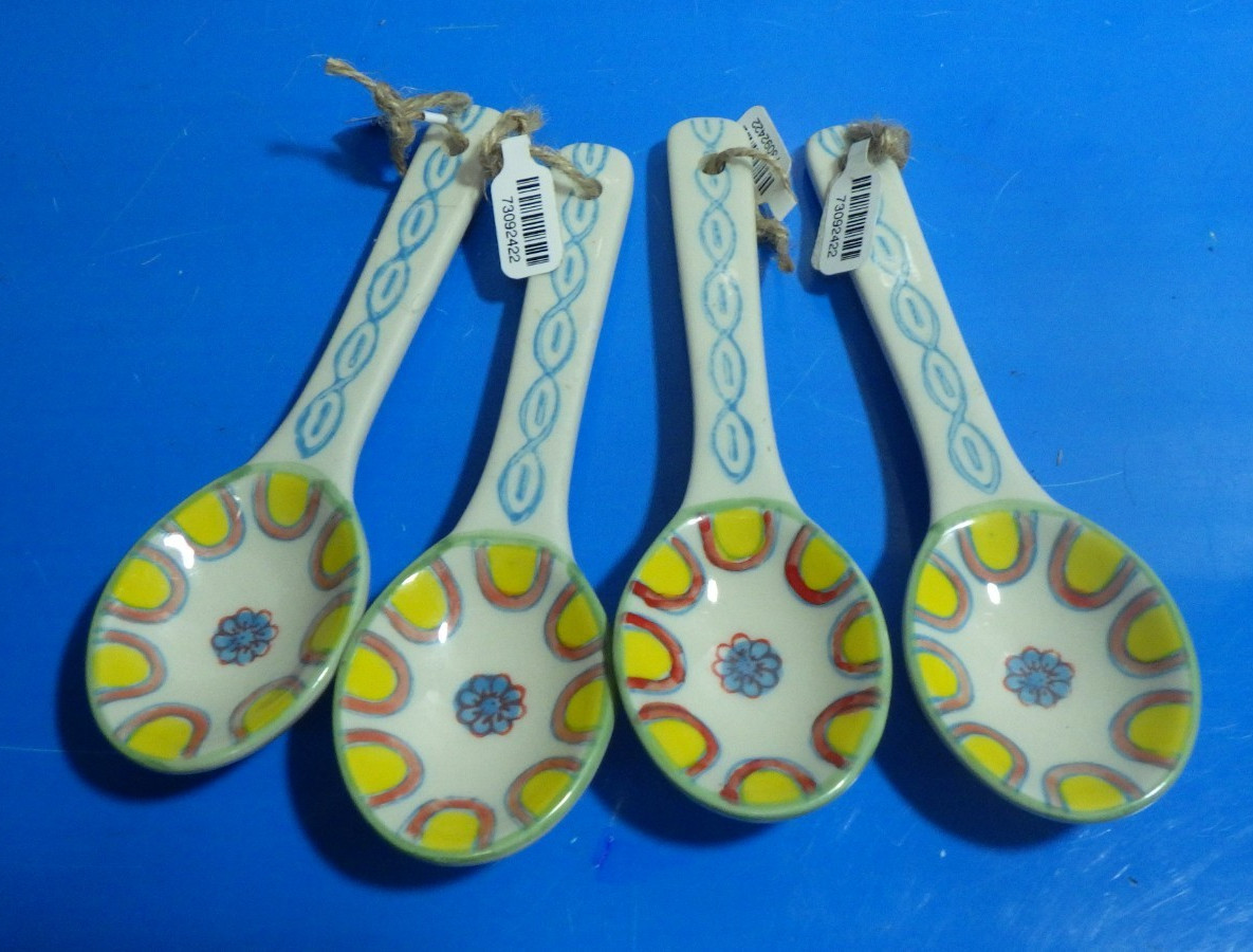 4 artsy floral colorful pattern soup spoons hand painted stoneware 5.25" L