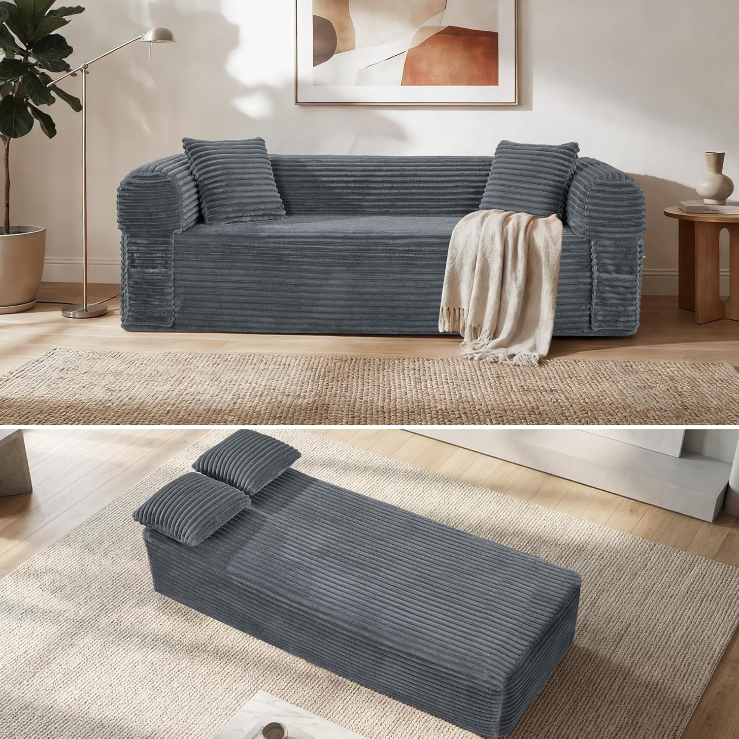 Boneless Convertible Couch Corduroy Sofa with 2 Pillows + Removable Backrest