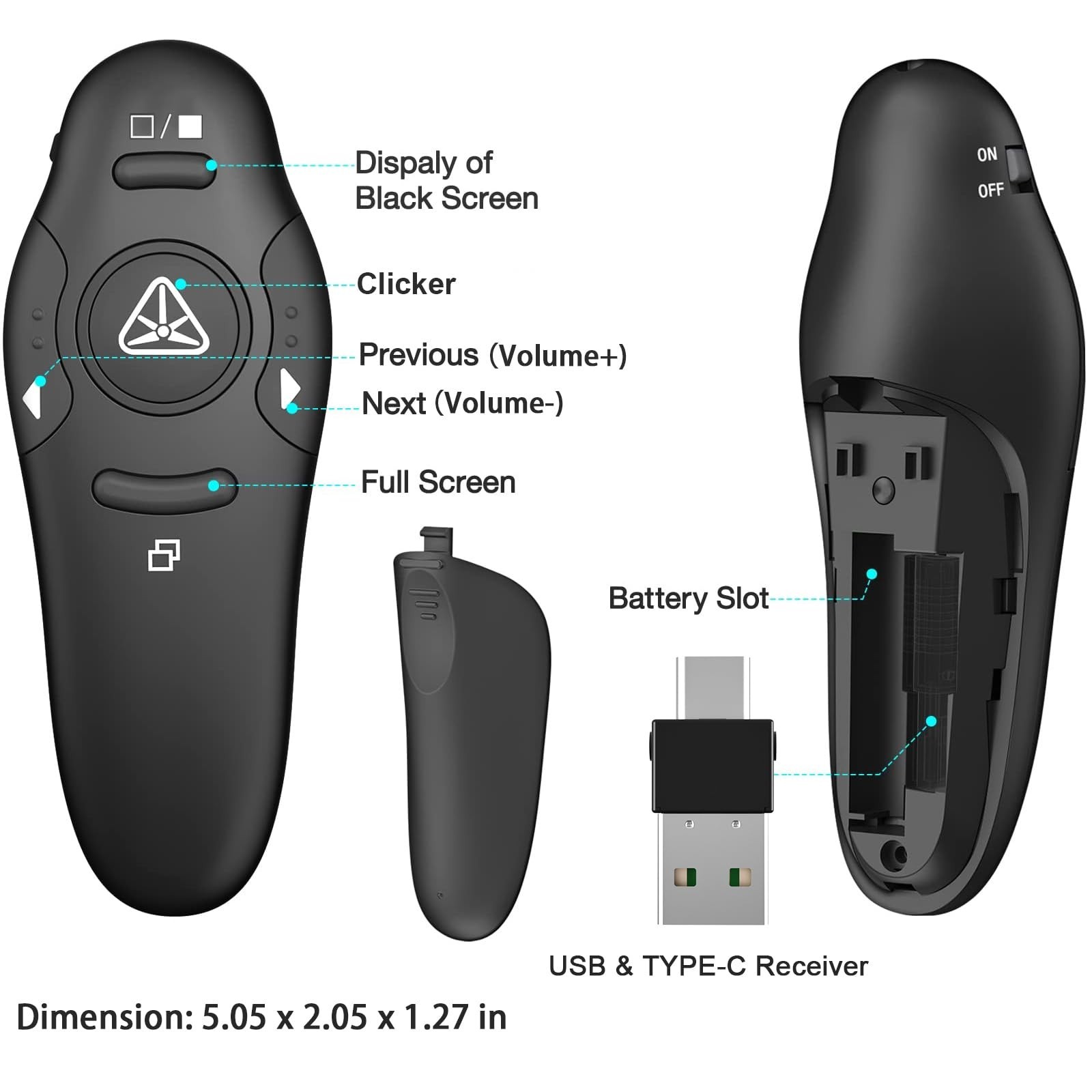 2-in-1 Wireless USB Type C Presentation Clicker Remote for PowerPoint Slides Adv