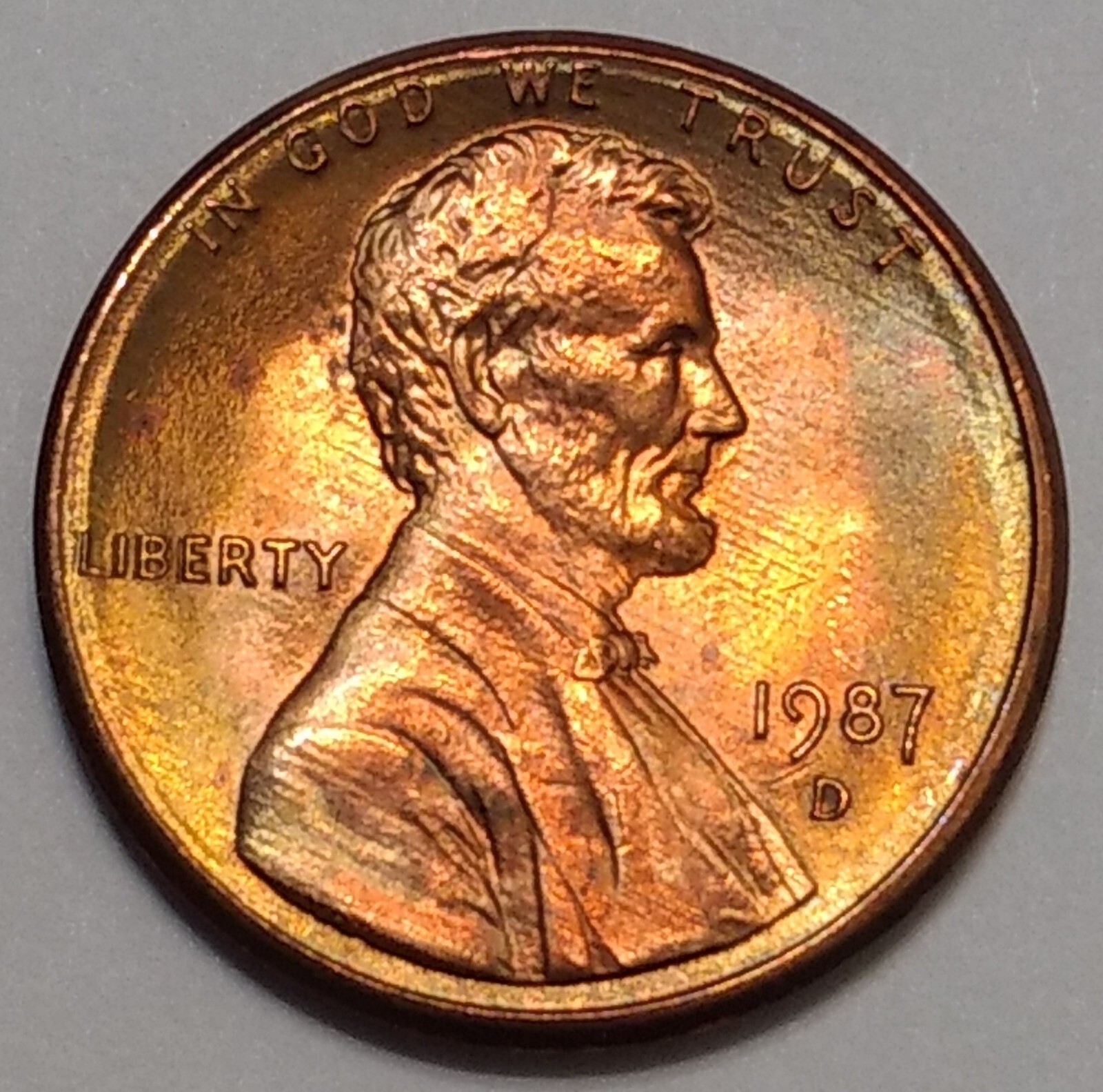 1987-D Lincoln Cent RB ~ Toned