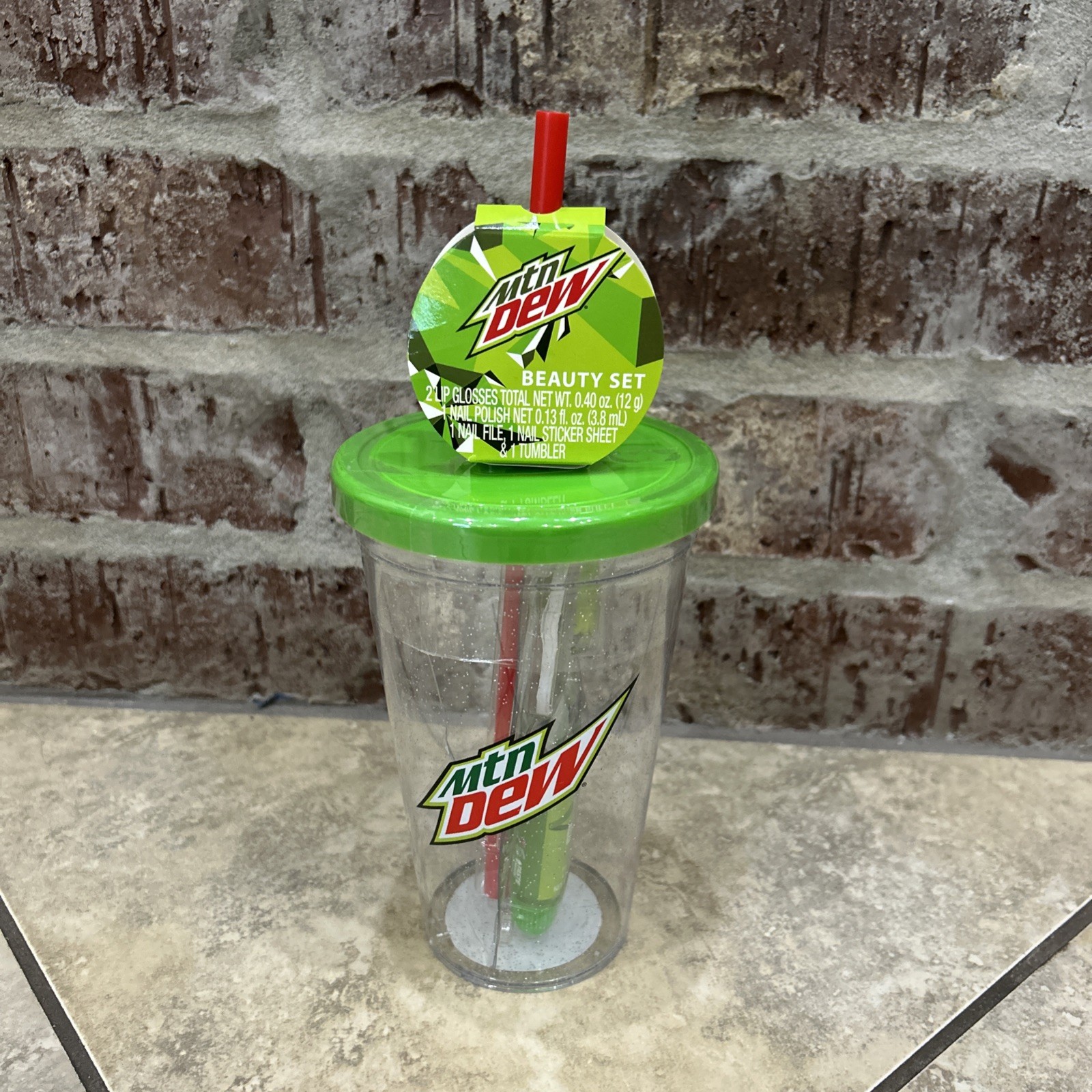 Mountain Dew Tumbler & Beauty Set;  Lip Glosses Nail Polish Nail Stickers NEW