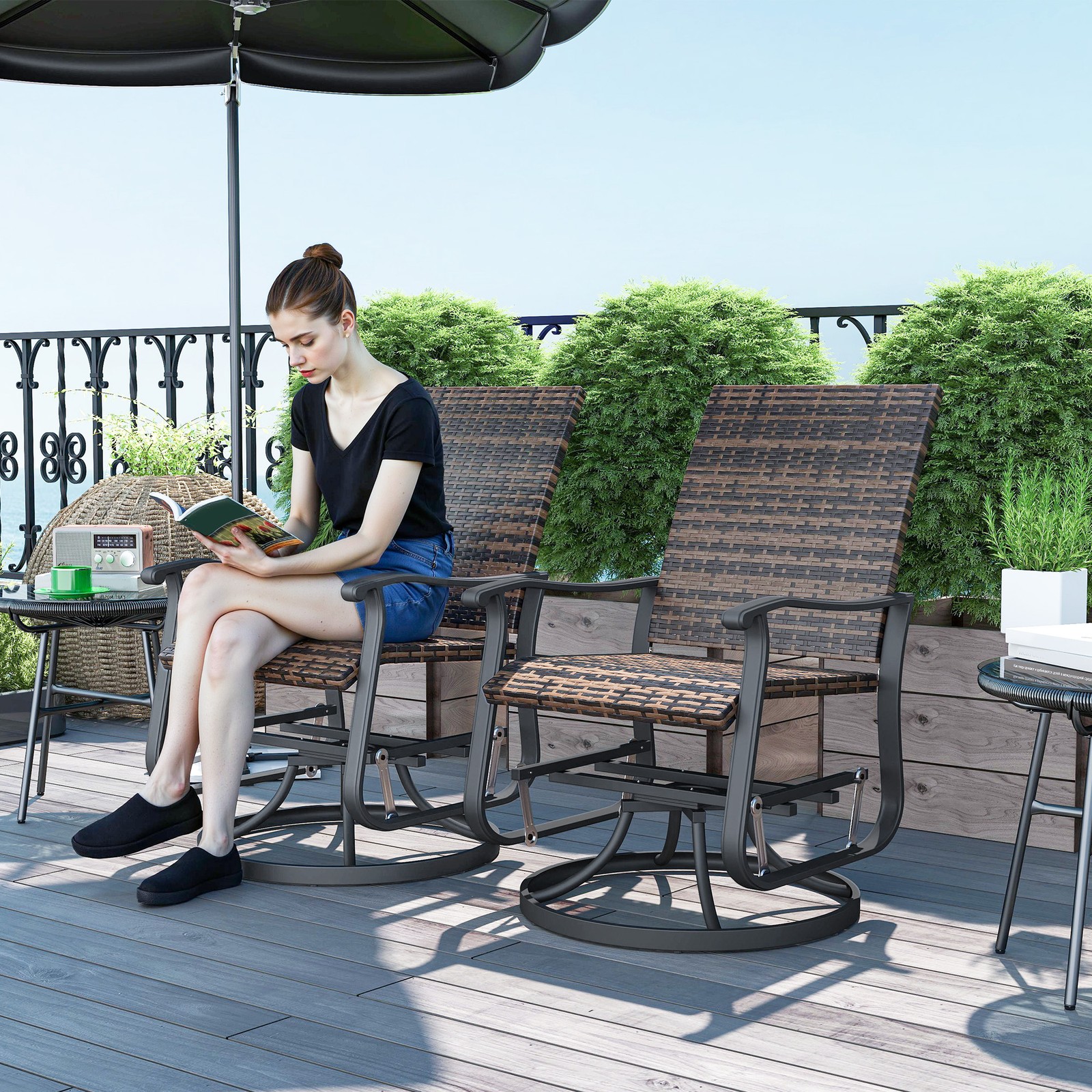 Wicker Rattan Swivel Patio Glider Chair Set of 2, Outdoor Glider Chair