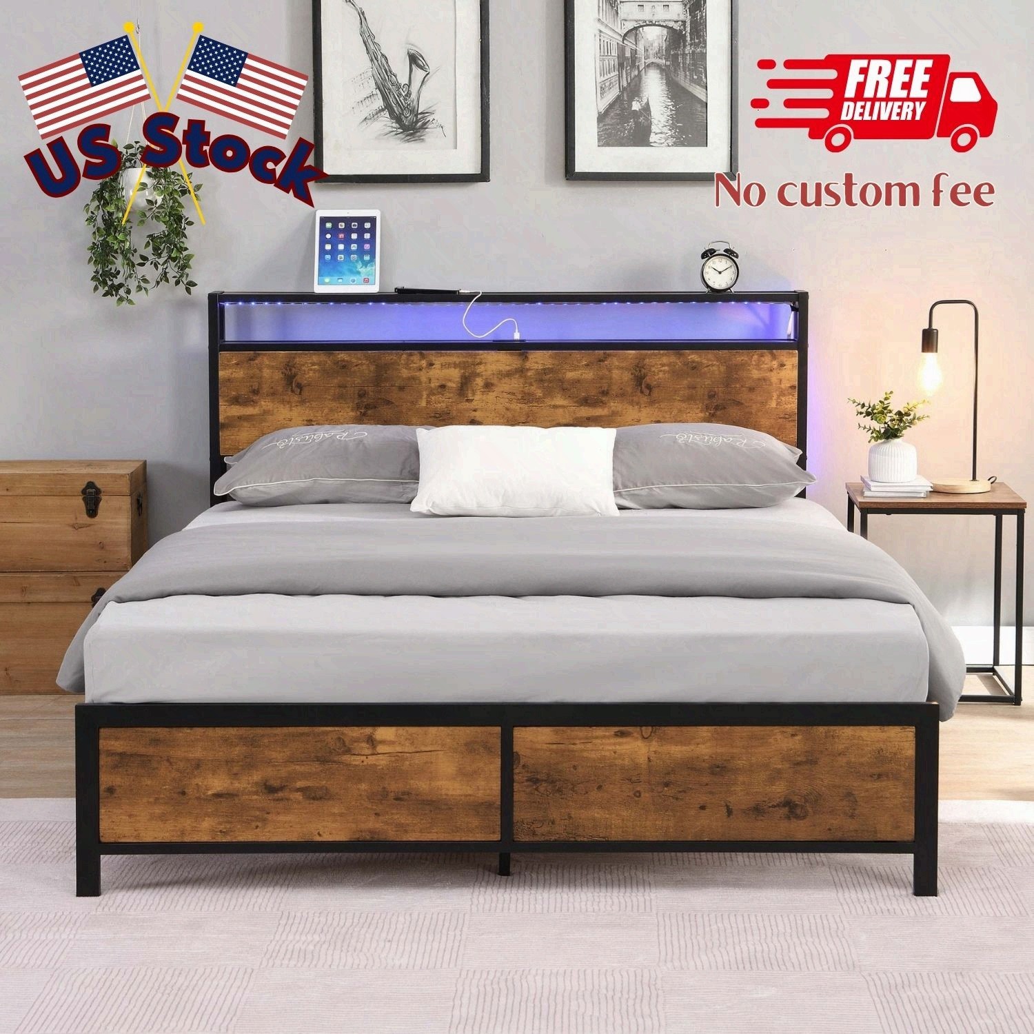 Full Size Bed Frame with LED Lights and 2 USB Ports,Industrial Style Metal, Full