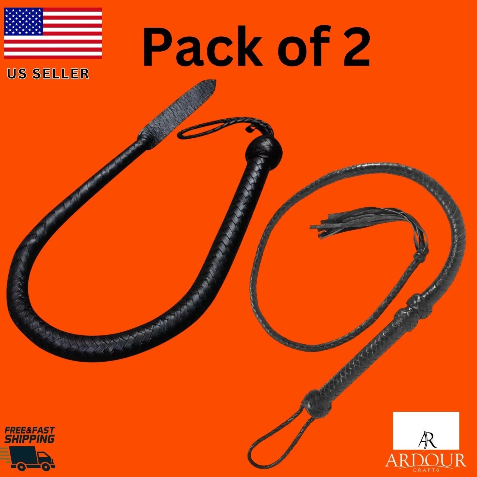 2 Pack Genuine Cowhide Leather Bullwhip Set 3 FT Black Whips, 12 & 16 Plait