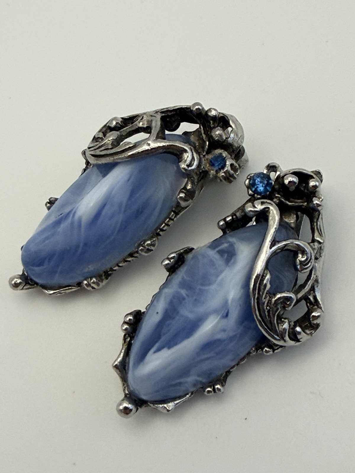 Fantasy Blue Marbled Cabochons Lucite 60s Rhinestone Accents Vintage