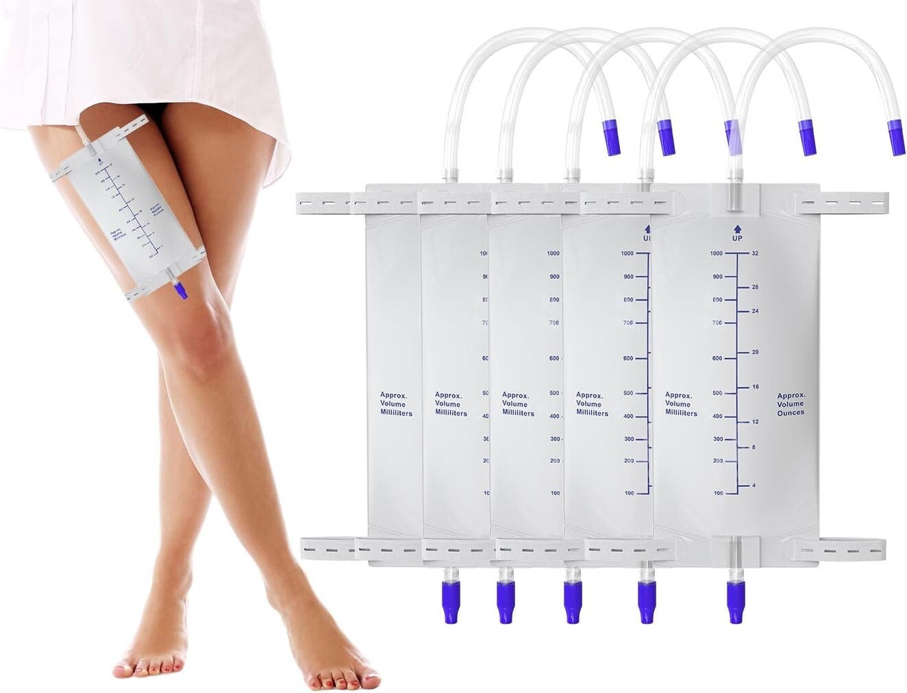 1000 ml Urine Leg Bag, 5 Pack Easy-Tap Disposable Urinary Drainage Bag
