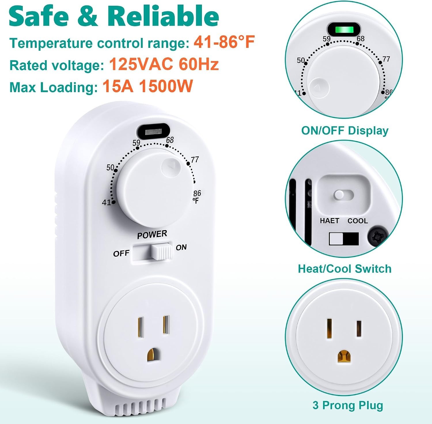 Gulfmew 2 Pack Adjustable Thermostat Plug In Heating Cooling Outlet White