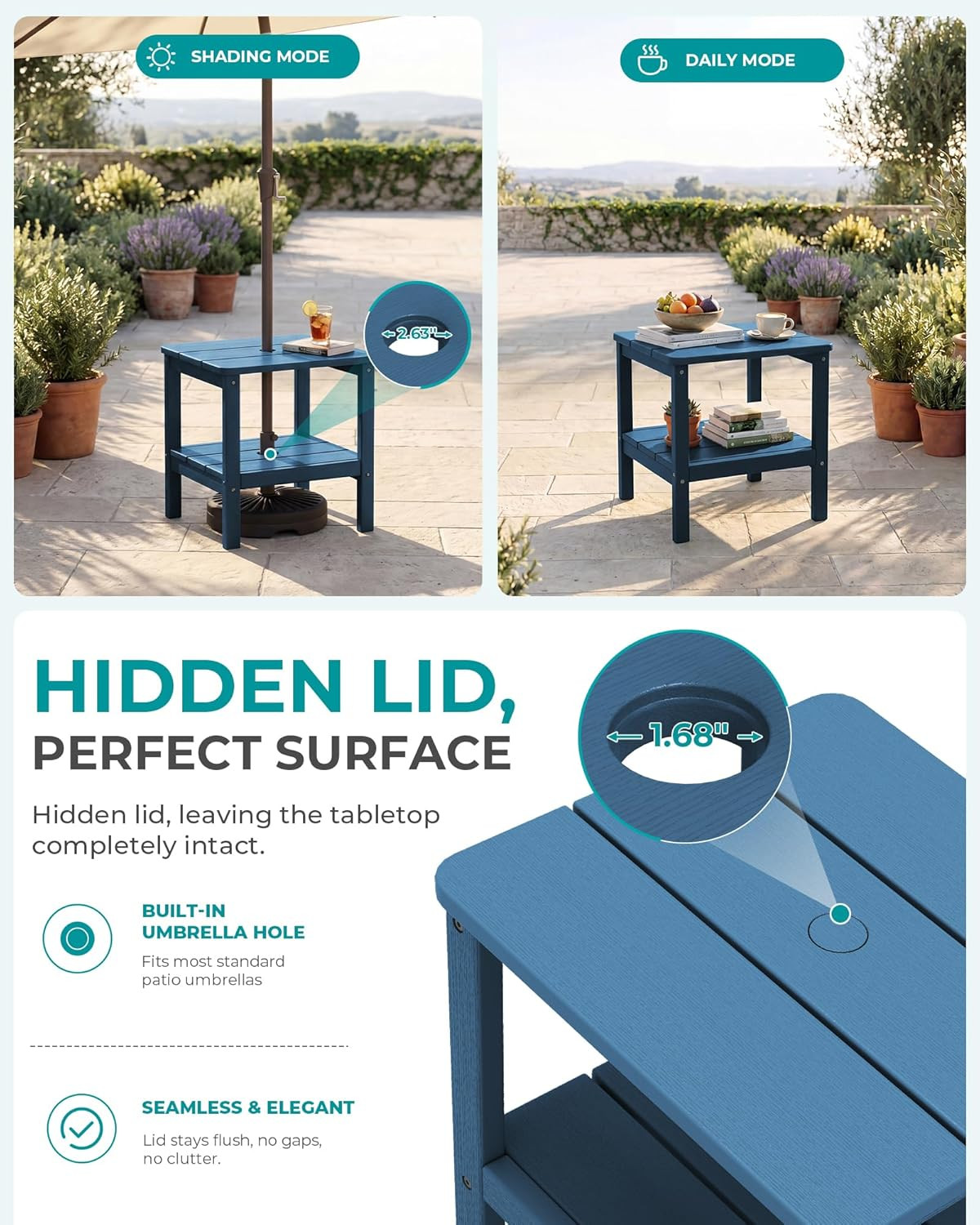 SERWALL Double Layer Adirondack Side Table with Umbrella Hole, HIPS Outdoor Side