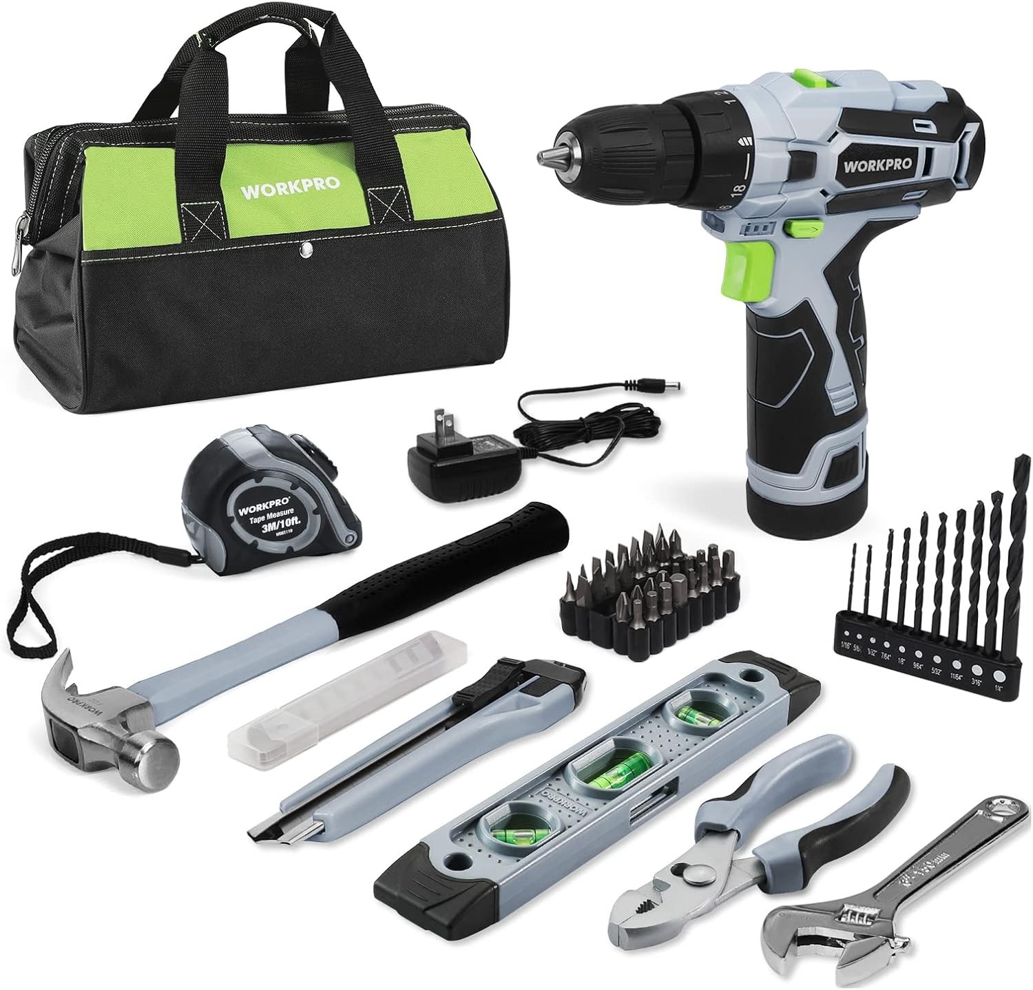 Complete Home Maintenance Tool Kit: 12V Cordless Drill & 61 Essential Tools