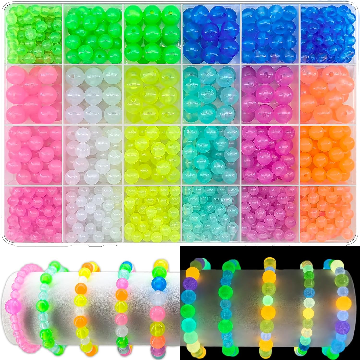 1016 Pcs Glow in the Dark round Beads, 6Mm 8Mm 10Mm for Jewelry Making