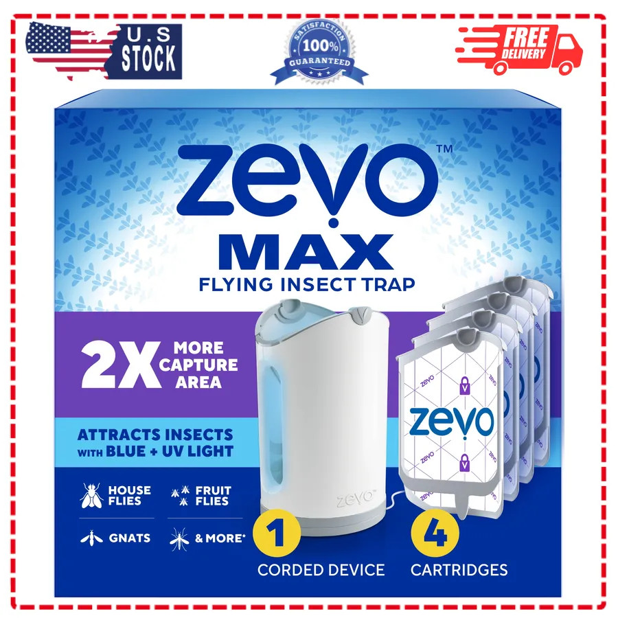 Zevo Max Flying Insect Trap 1 Plug In Device and 4 Refill Cartridges