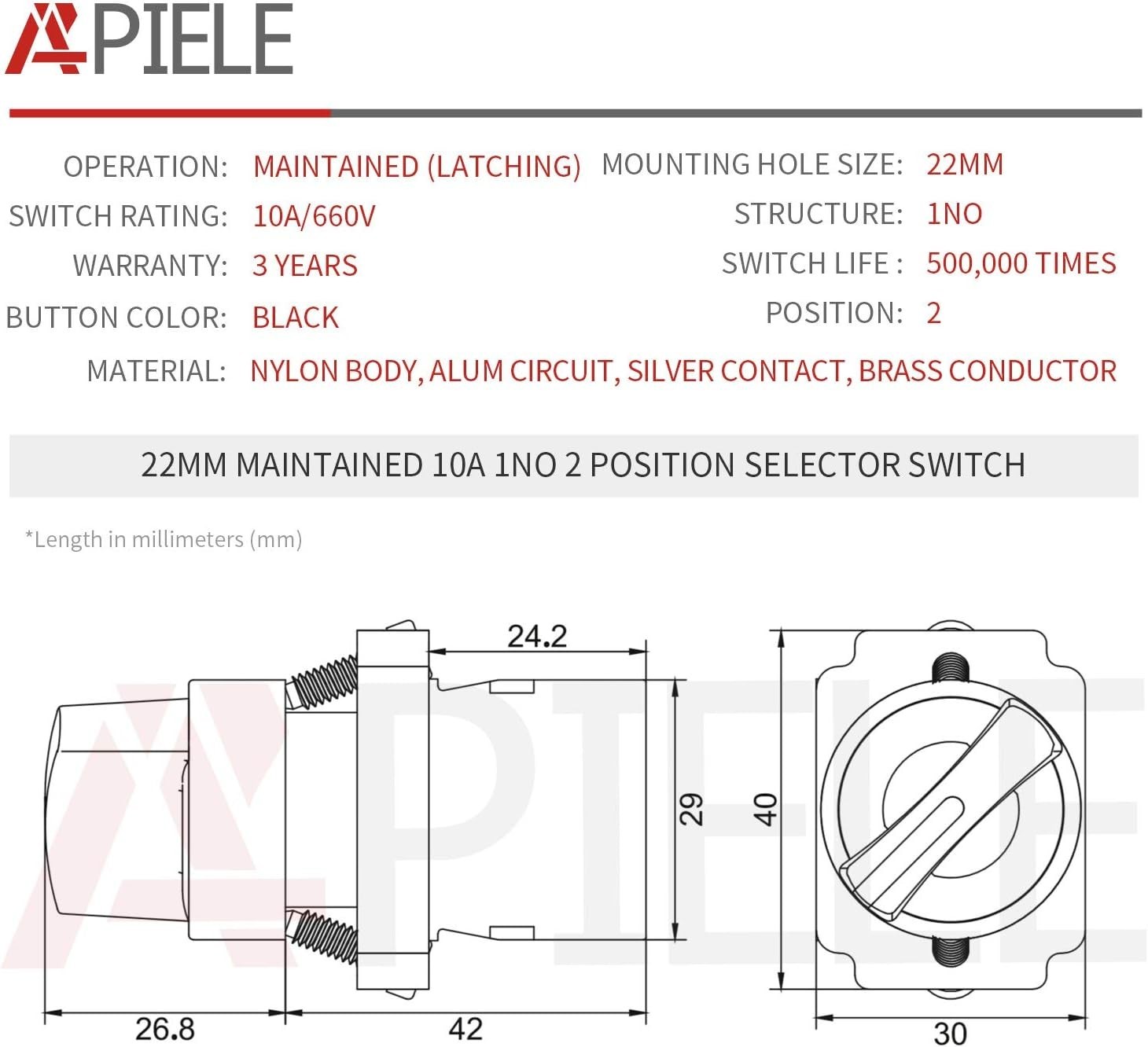 Pack of 2 22mm 2 Position Selector Switch Maintained 1NO 2 Position Maintained