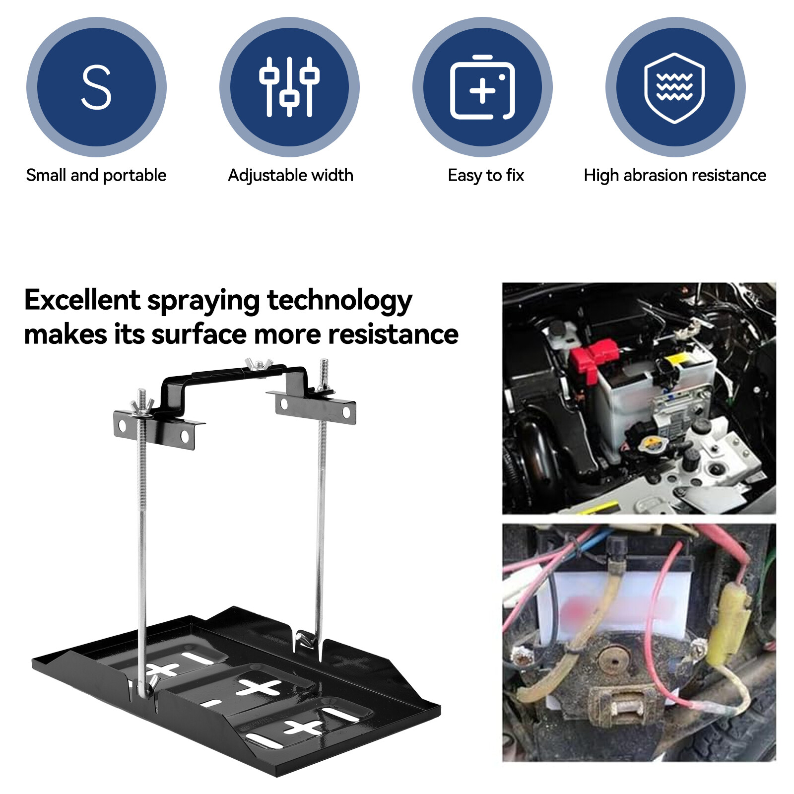 Universal Storage Battery Holder Adjustable Tray + Hold Down Clamp Bracket USA